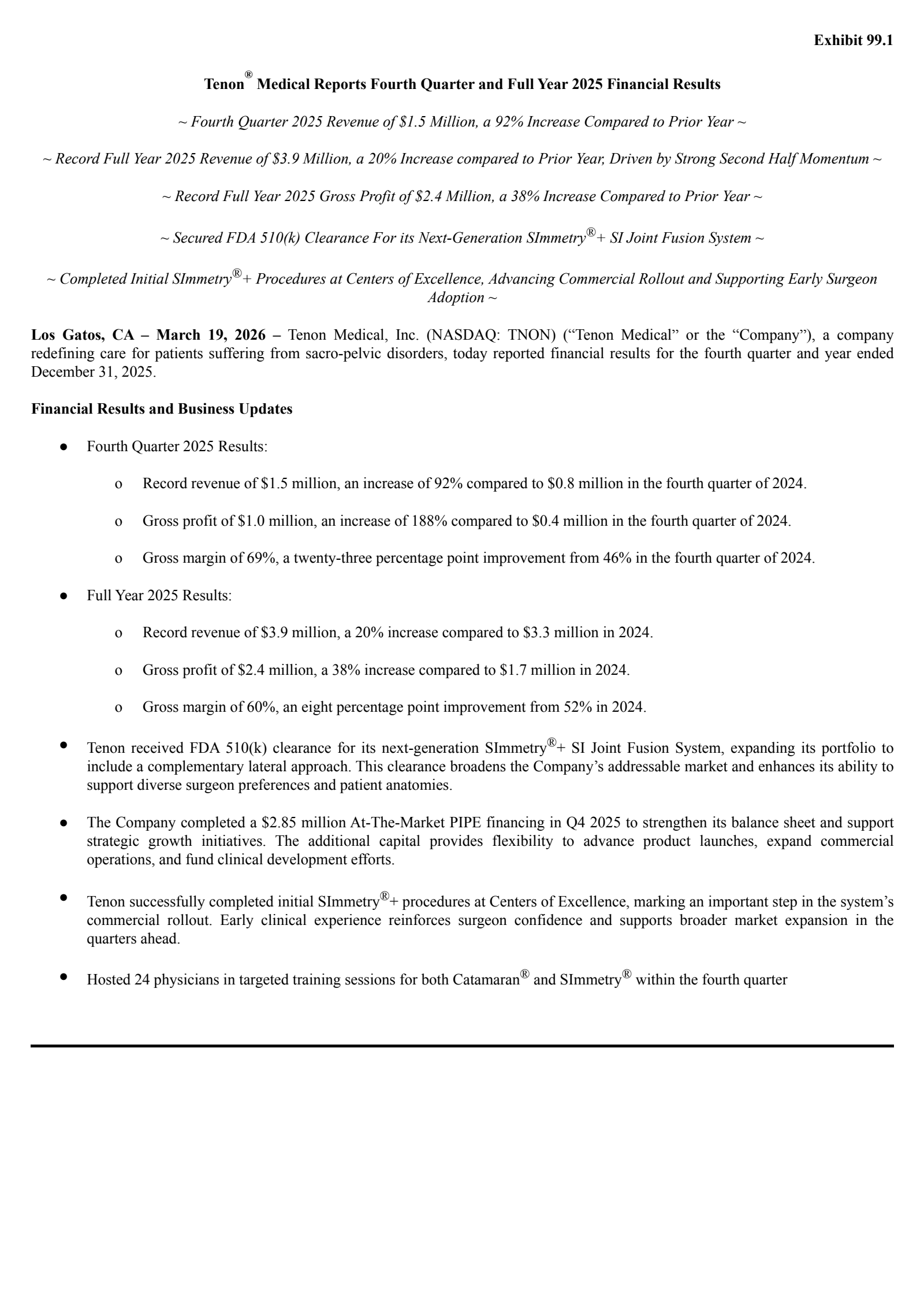 Tenon Medical's Q4 2025 Press Release