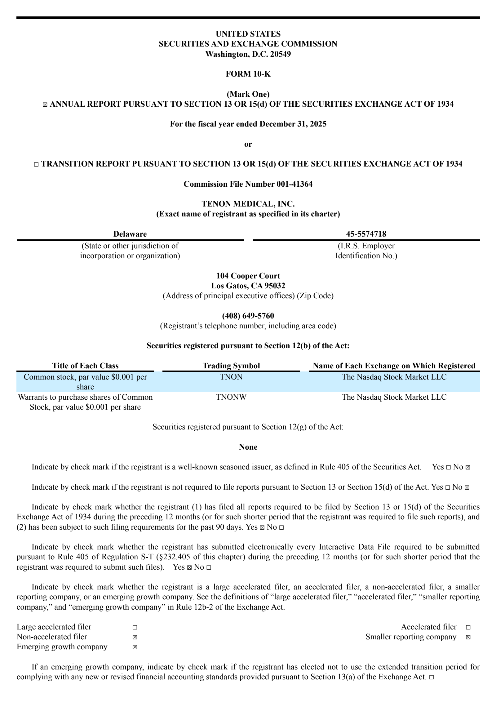 Tenon Medical's Q4 2025 Annual report