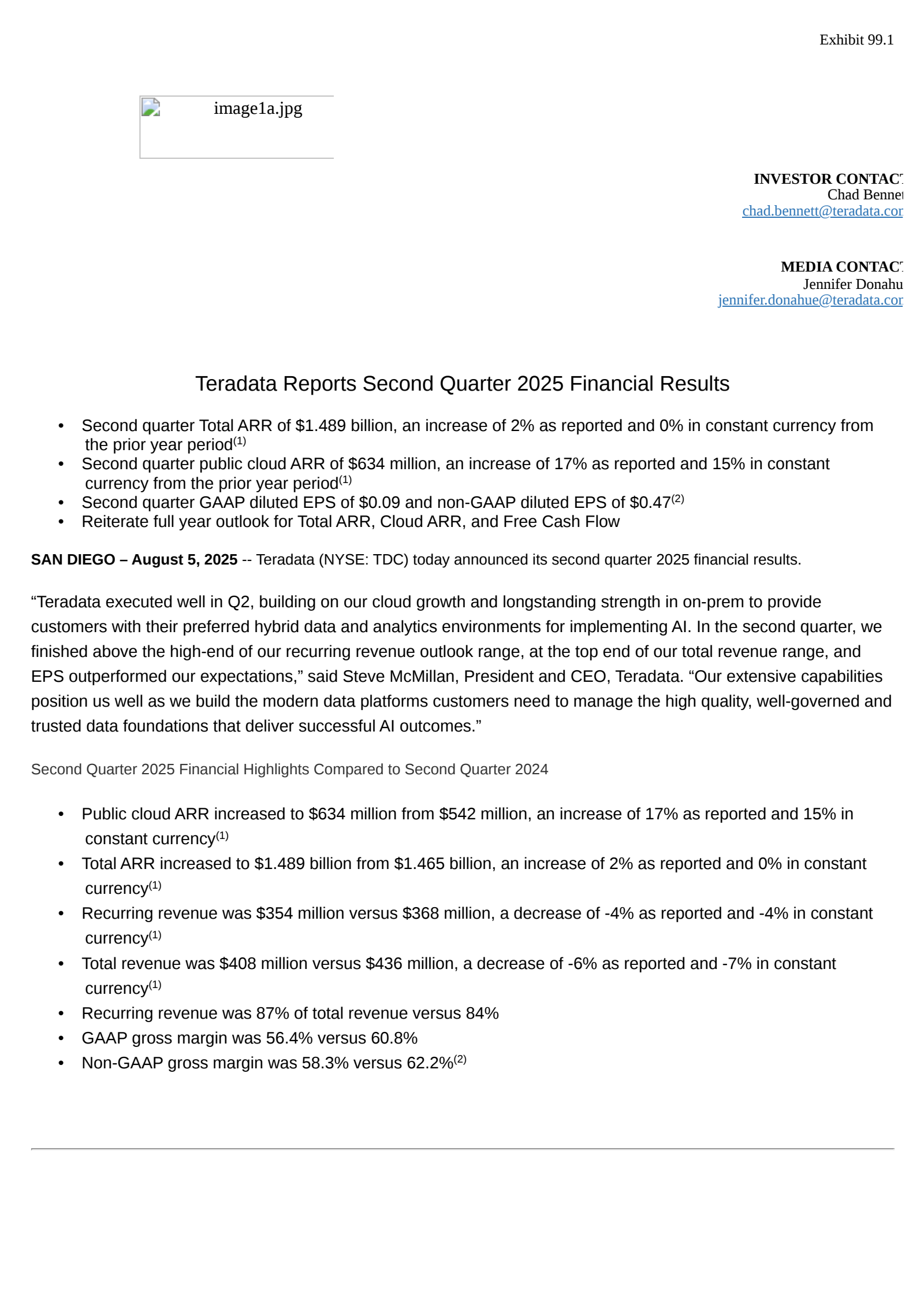 Teradata's Q2 2025 Press Release