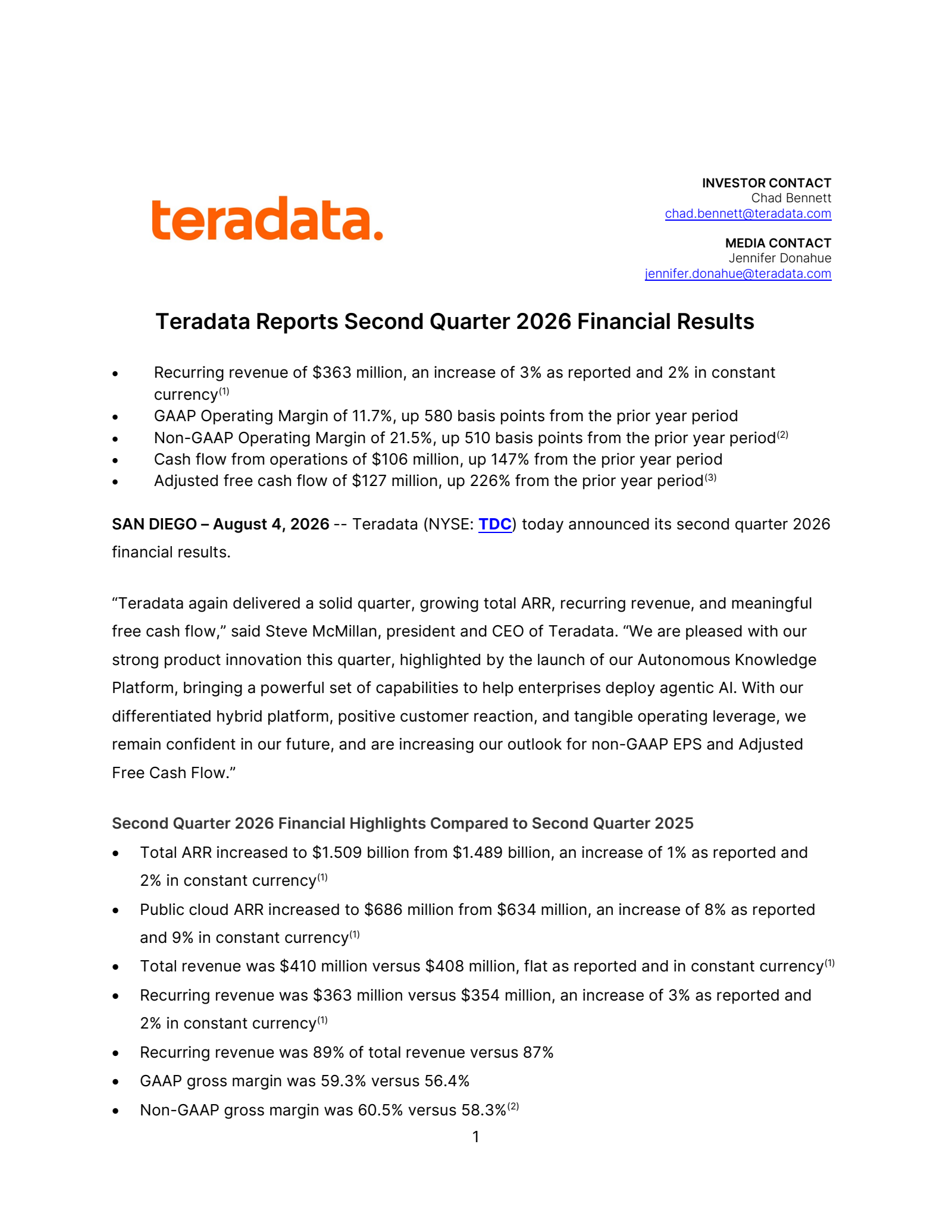Teradata's Q2 2026 Press Release