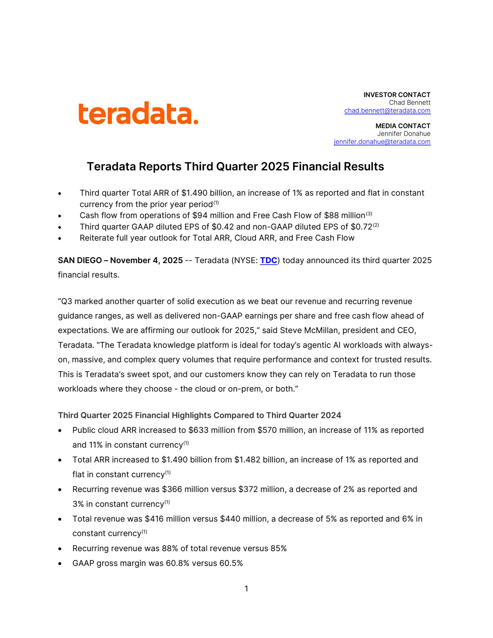 Teradata's Q3 2025 Earnings Release