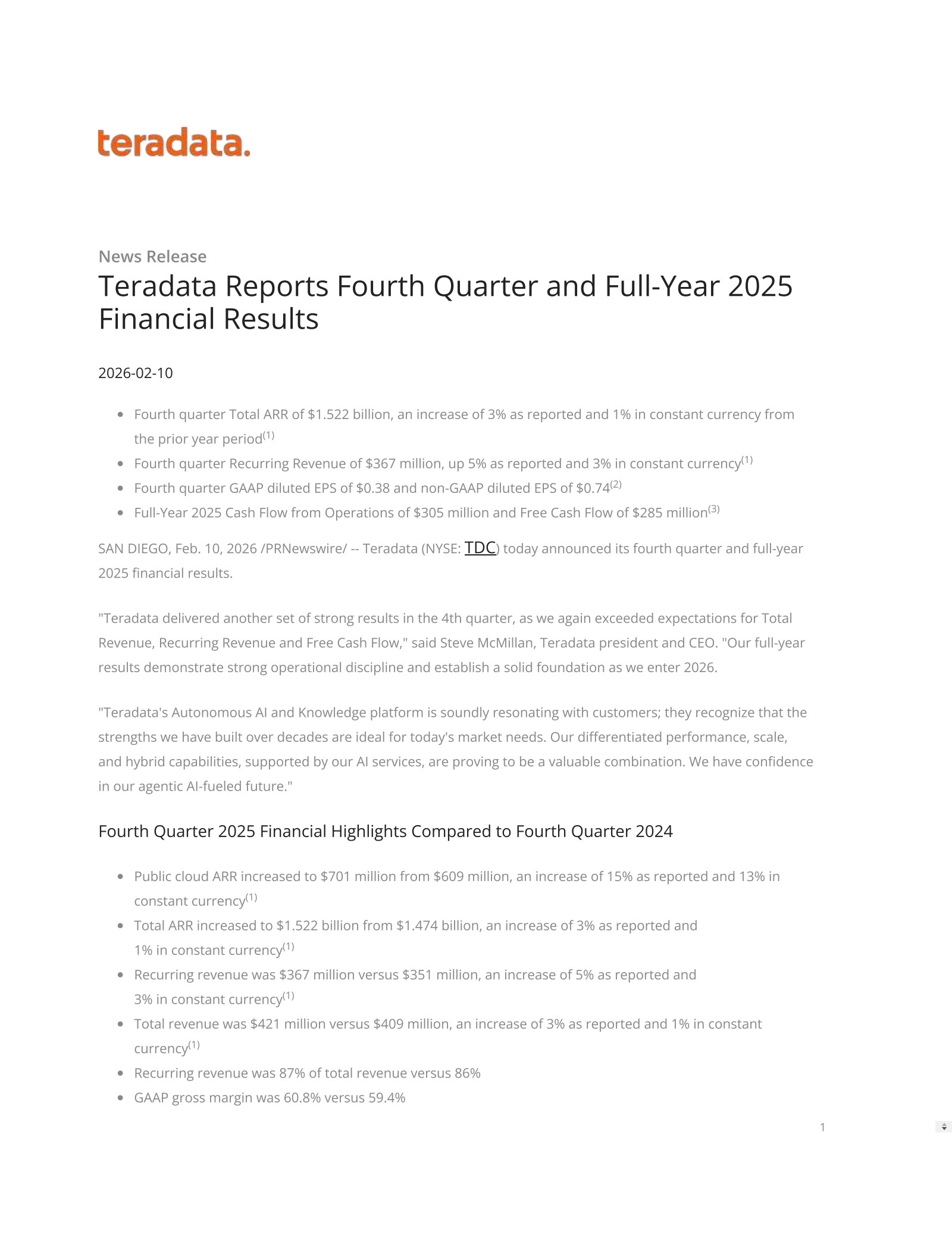 Teradata's Q4 2025 Press Release