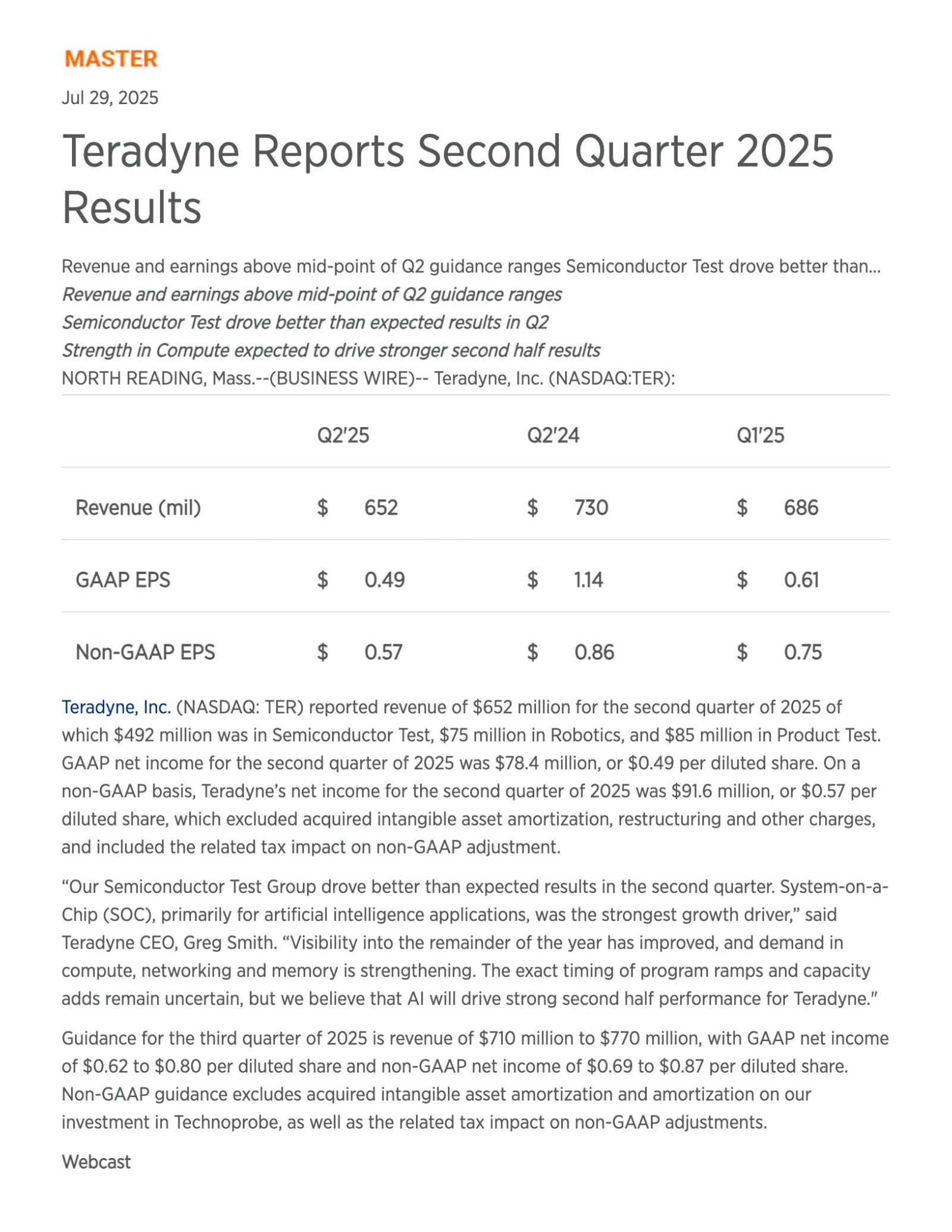 Teradyne's Q2 2025 Press Release
