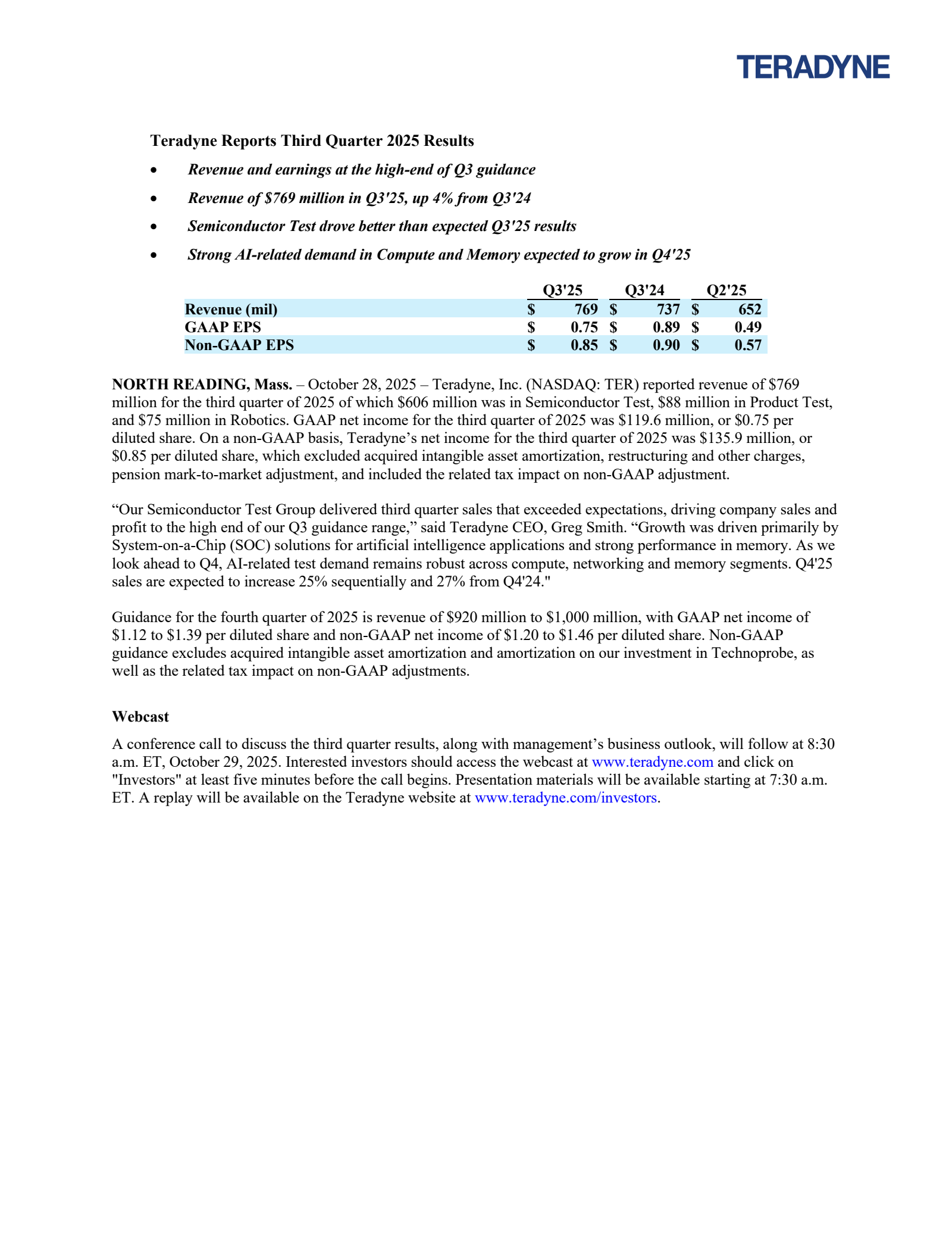 Teradyne's Q3 2025 Earnings Release