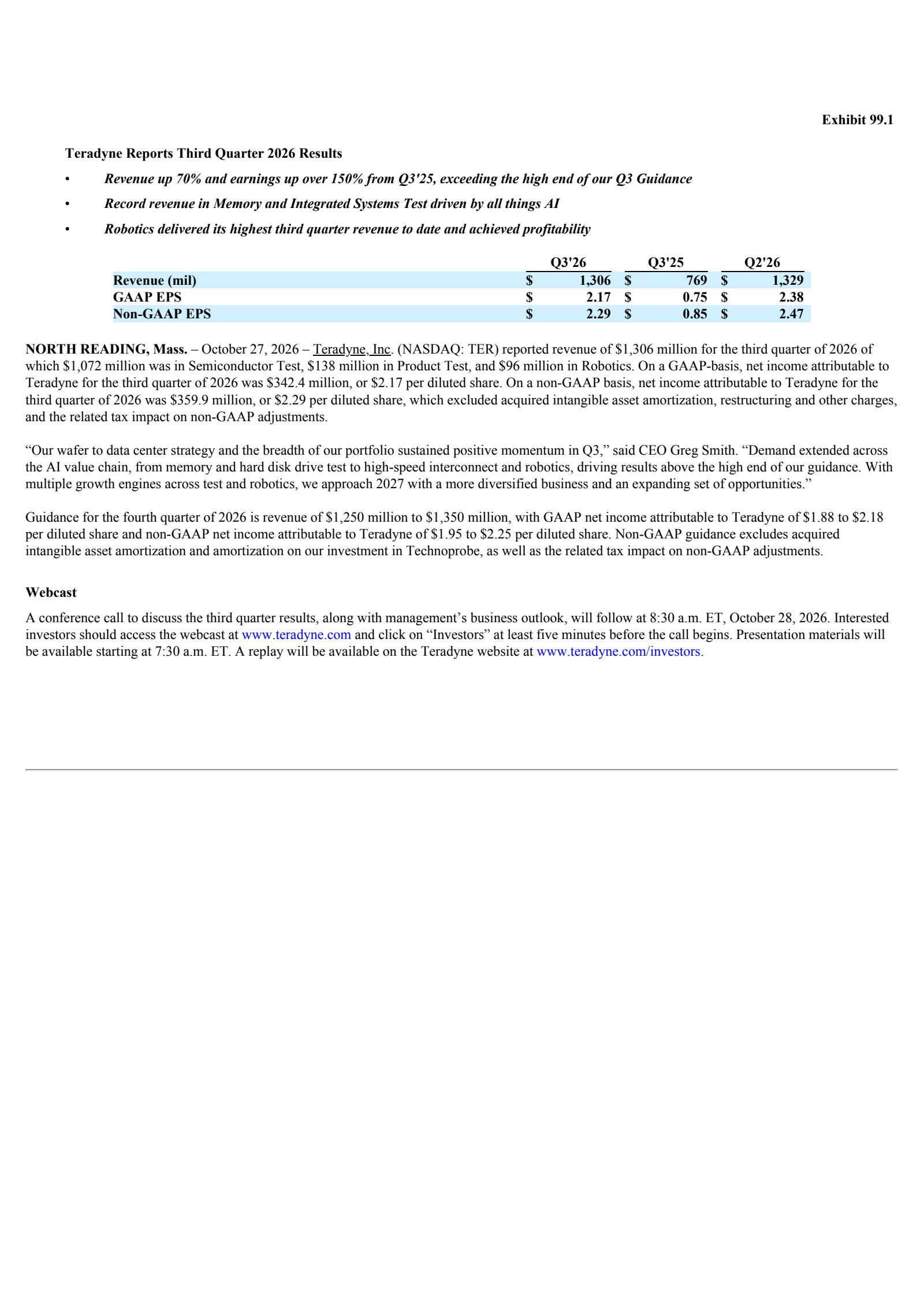 Teradyne's Q3 2026 Press Release