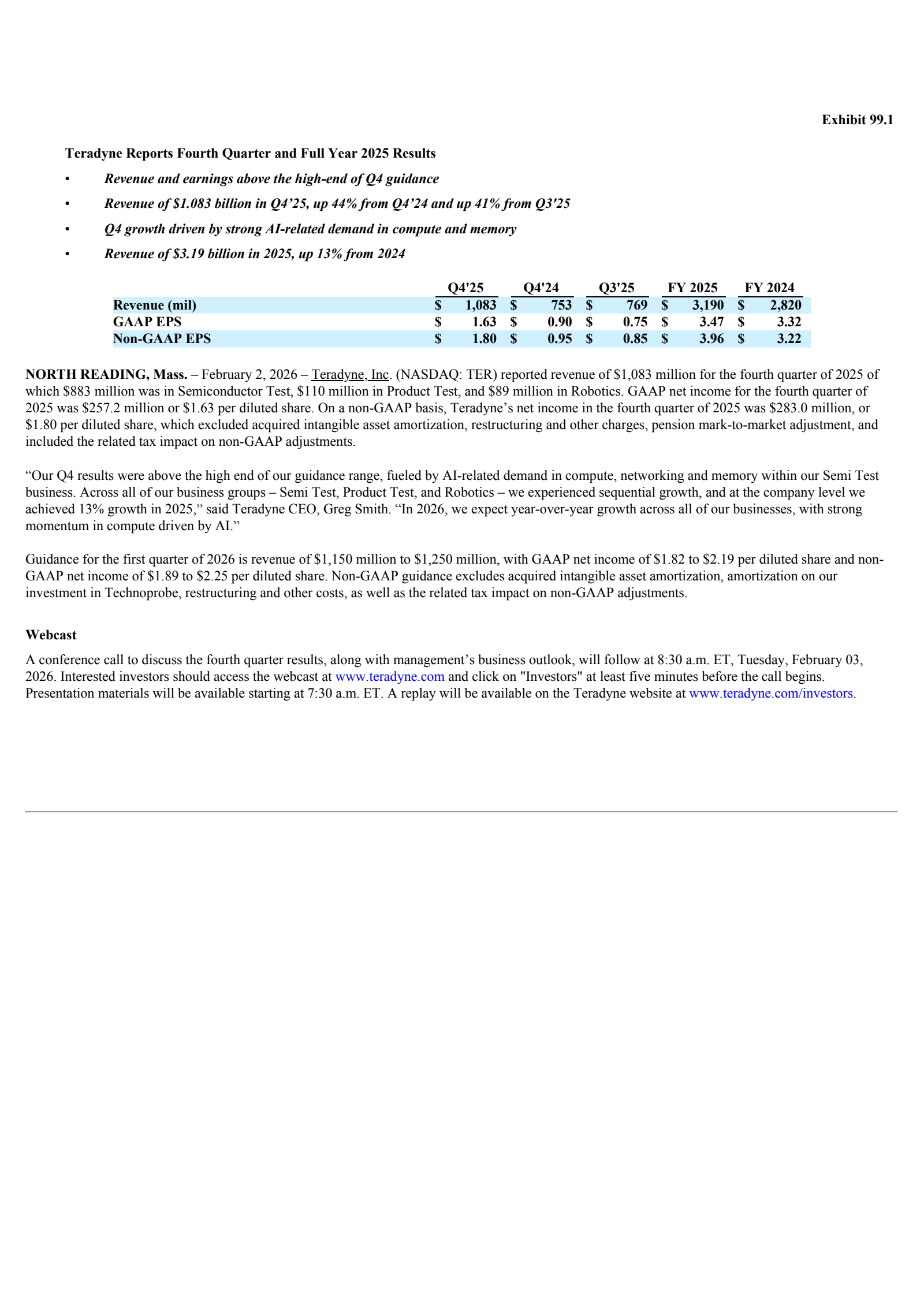 Teradyne's Q4 2025 Press Release