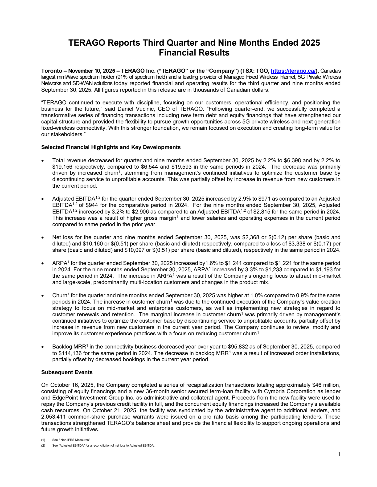 TeraGo's Q3 2025 Earnings Release