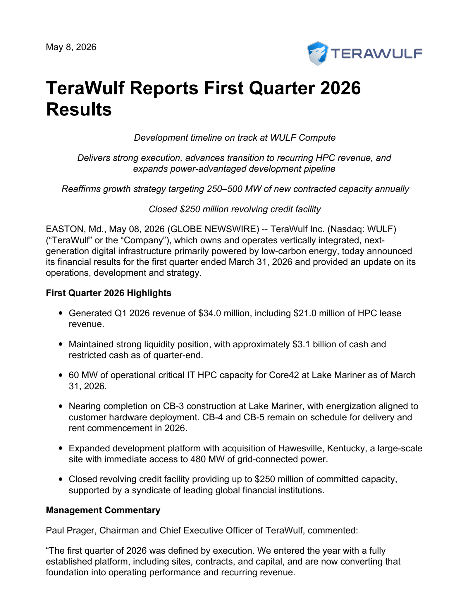 TeraWulf's Q1 2026 Press Release