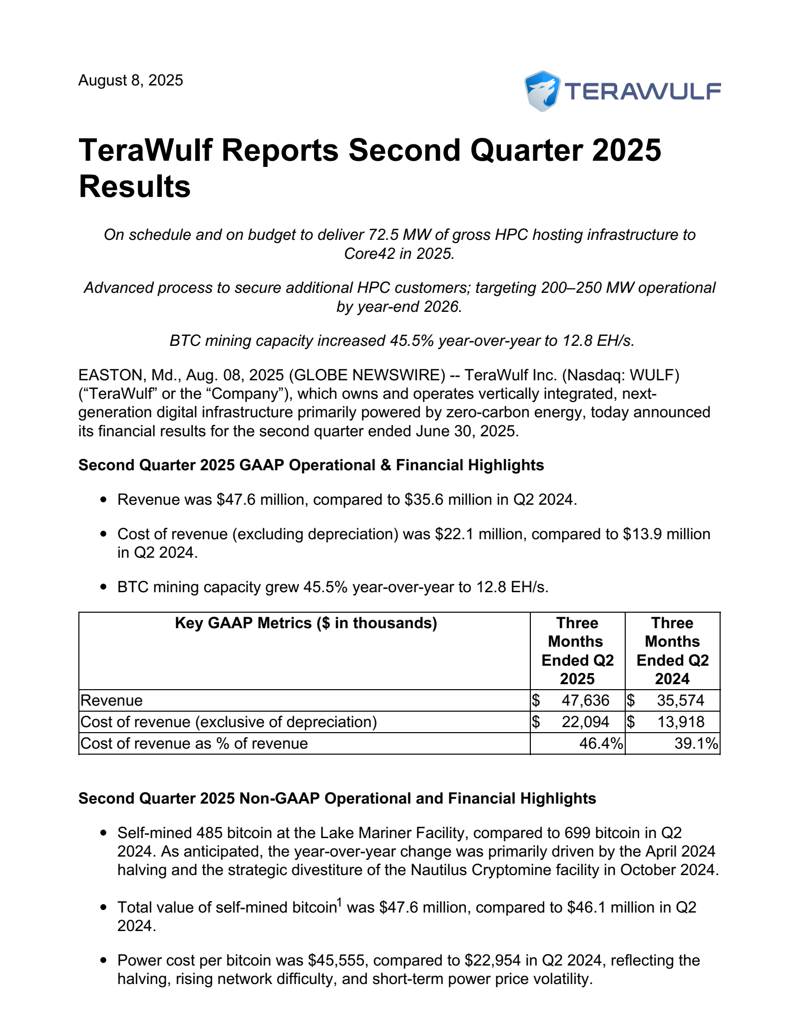 TeraWulf's Q2 2025 Press Release