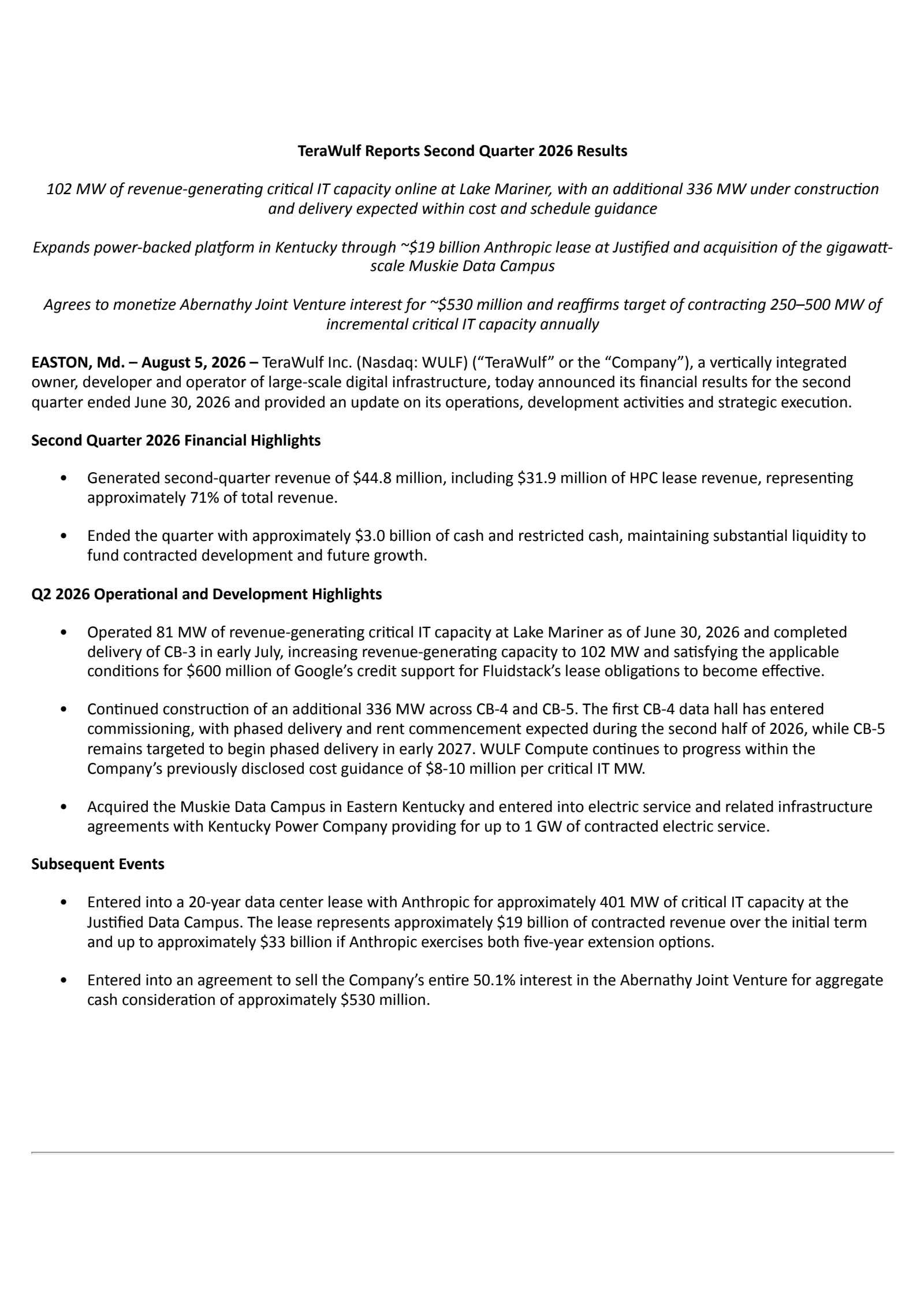TeraWulf's Q2 2026 Press Release