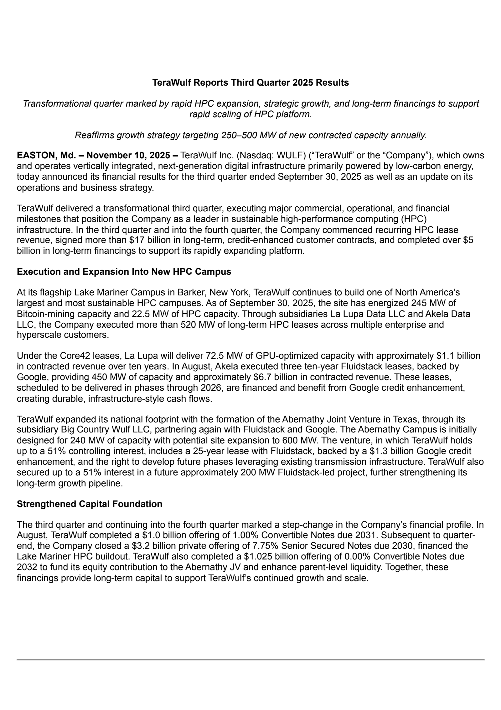 TeraWulf's Q3 2025 Earnings Release