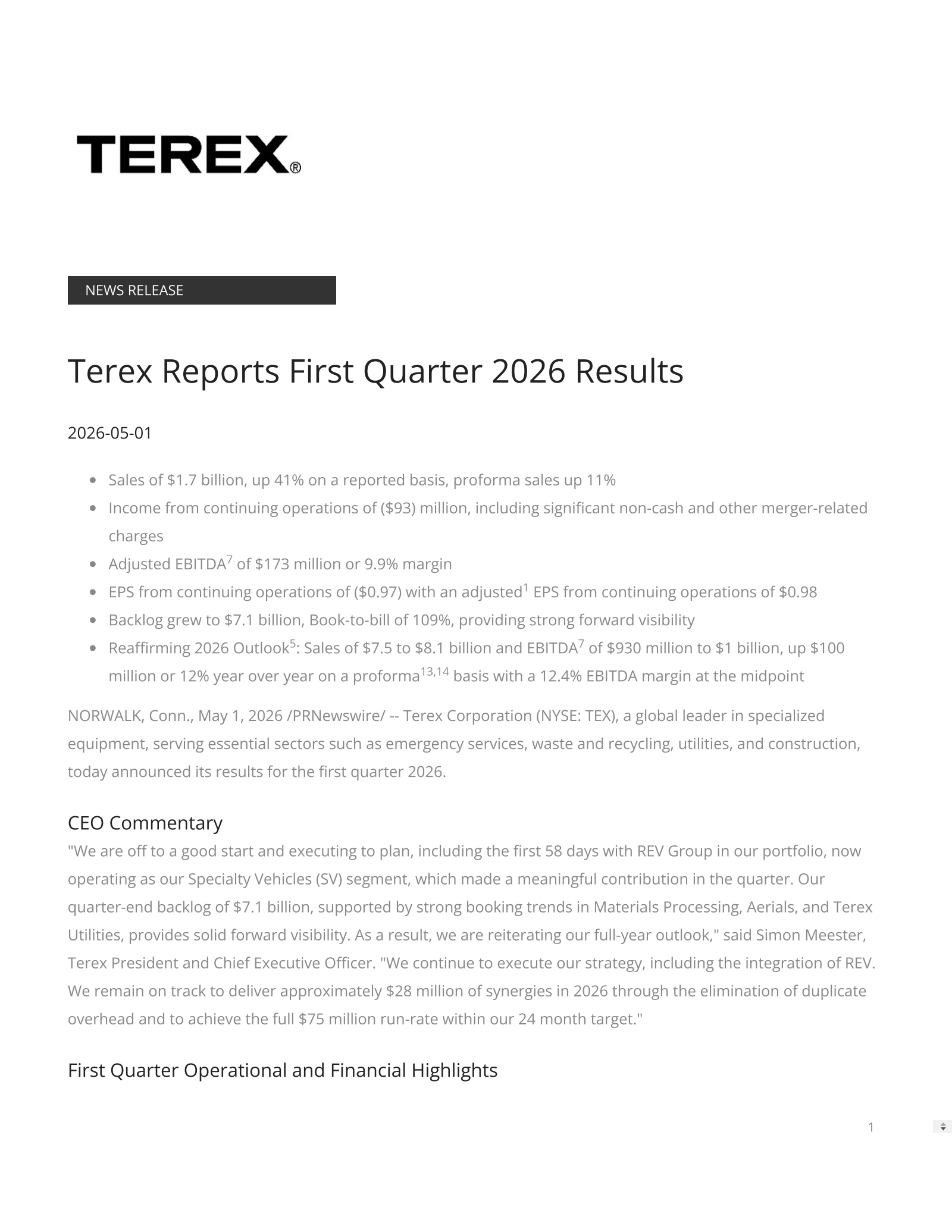 Terex's Q1 2026 Press Release