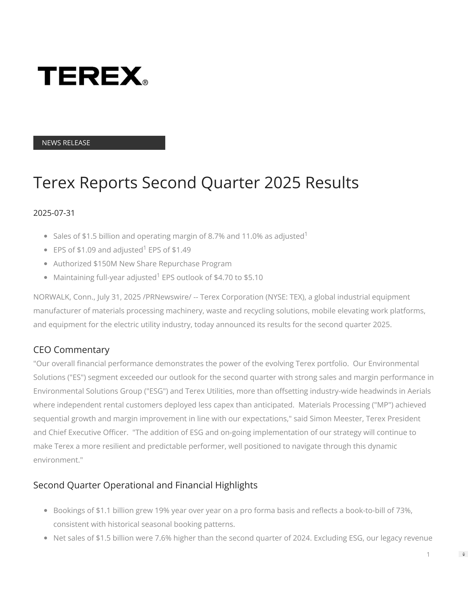 Terex's Q2 2025 Press Release