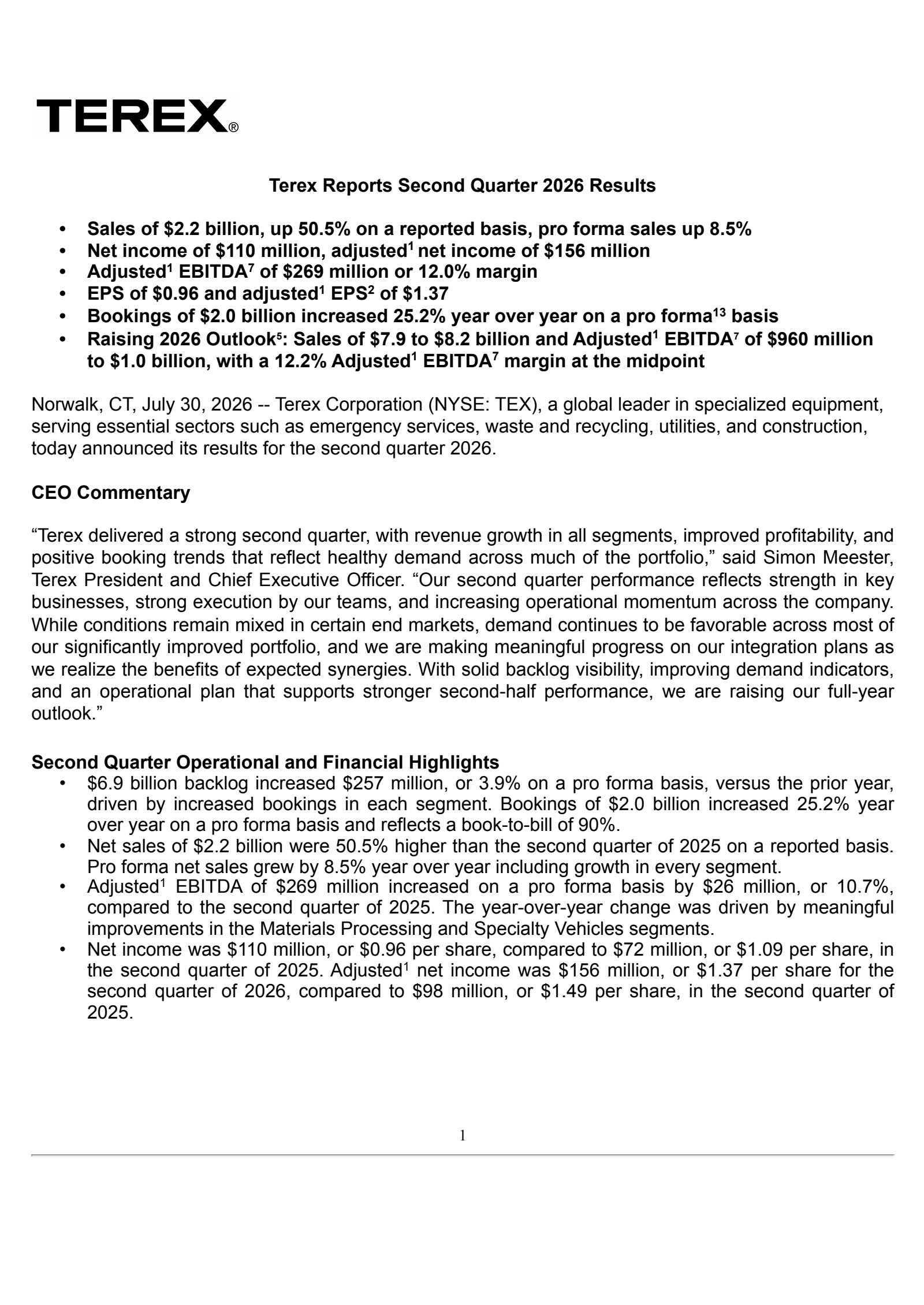 Terex's Q2 2026 Press Release