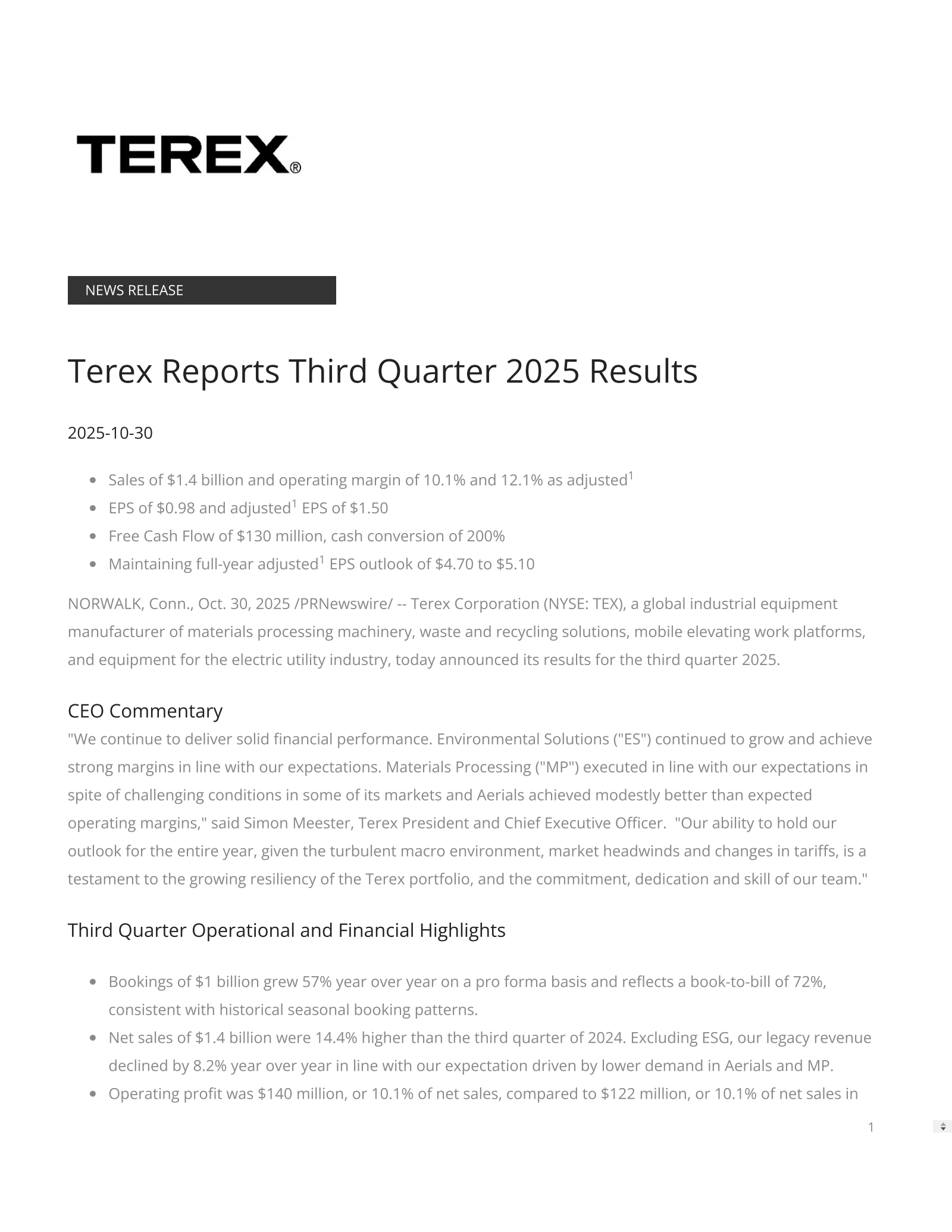Terex's Q3 2025 Earnings Release