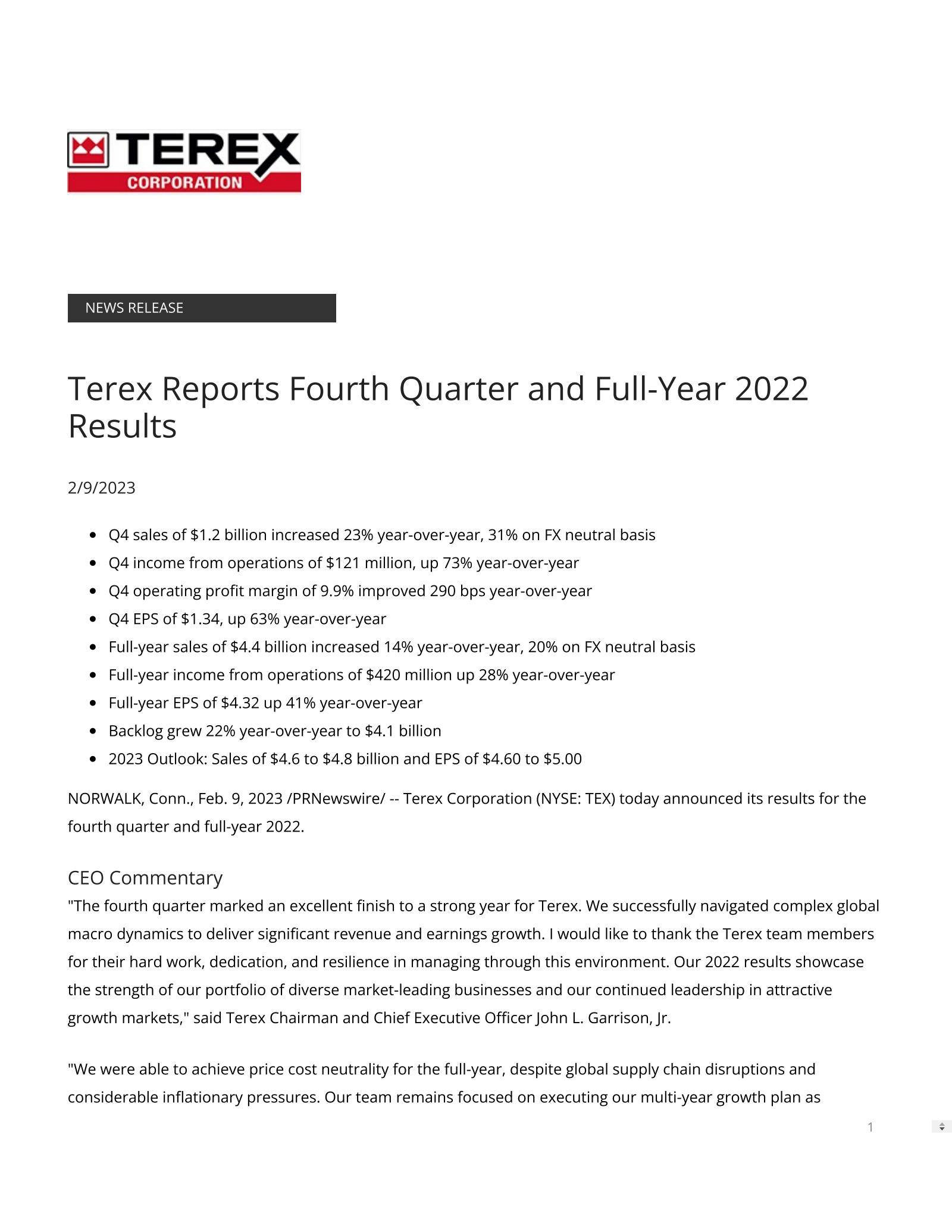TEX Q4 2022 Earnings Report on 2/10/2023