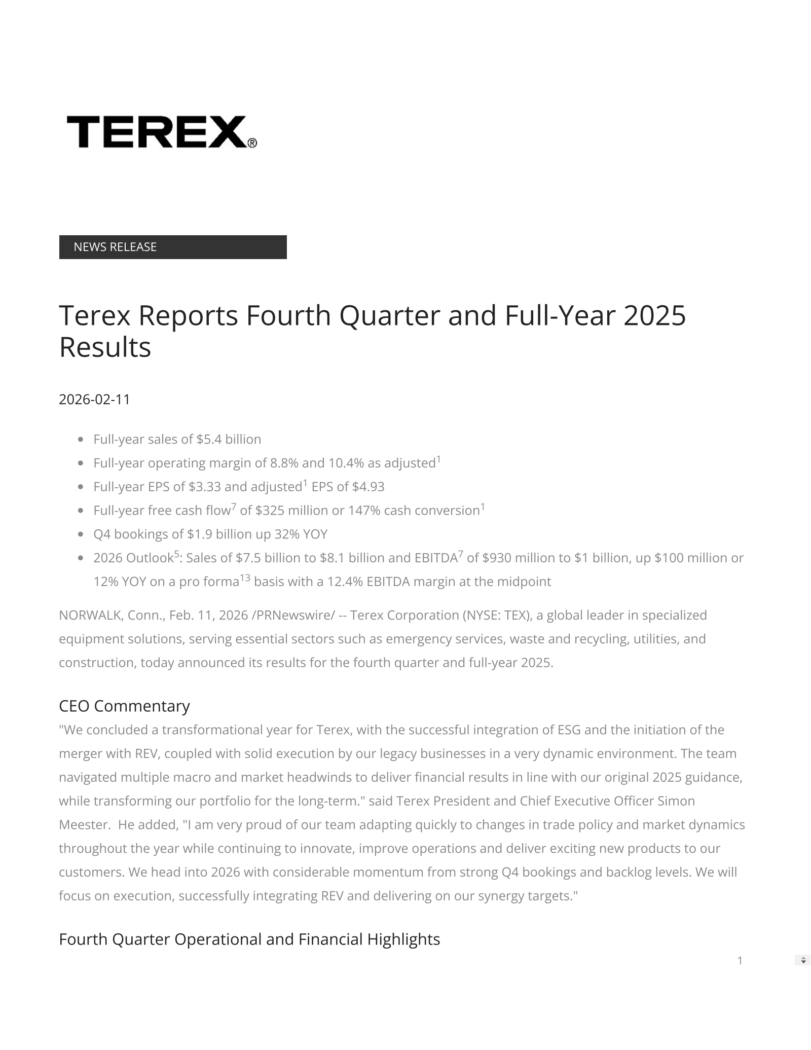 Terex's Q4 2025 Press Release