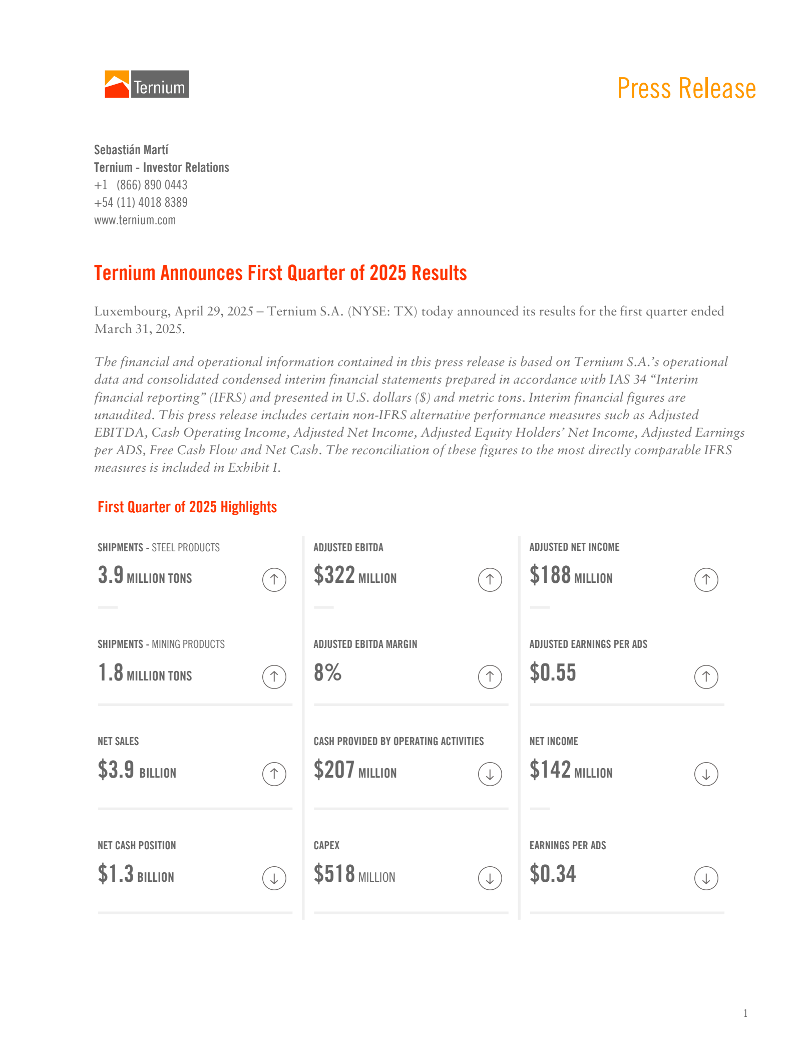 Ternium's Q1 2025 Press Release