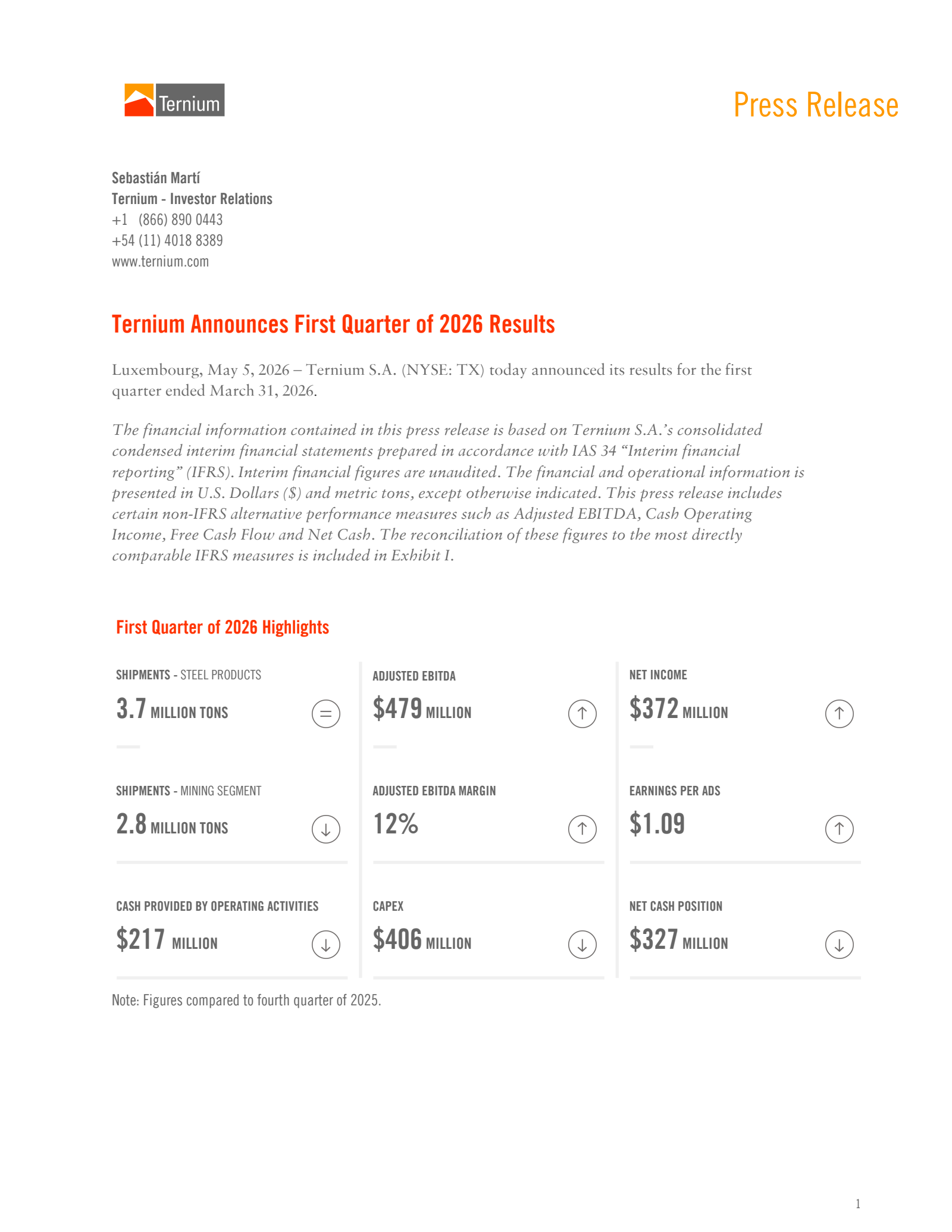 Ternium's Q1 2026 Press Release