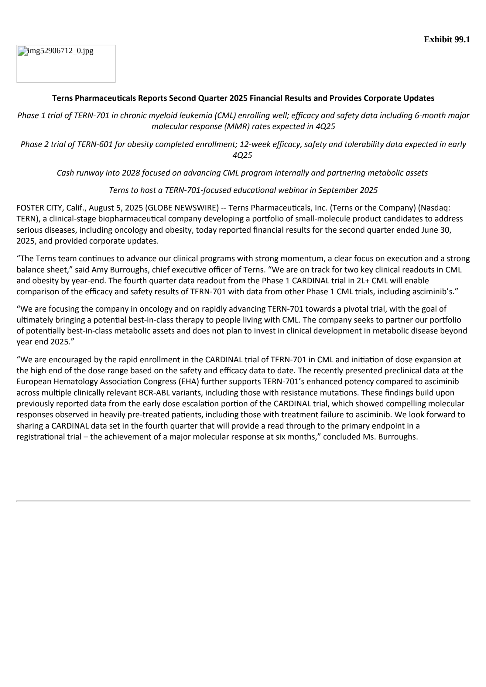 Terns Pharmaceuticals' Q2 2025 Press Release