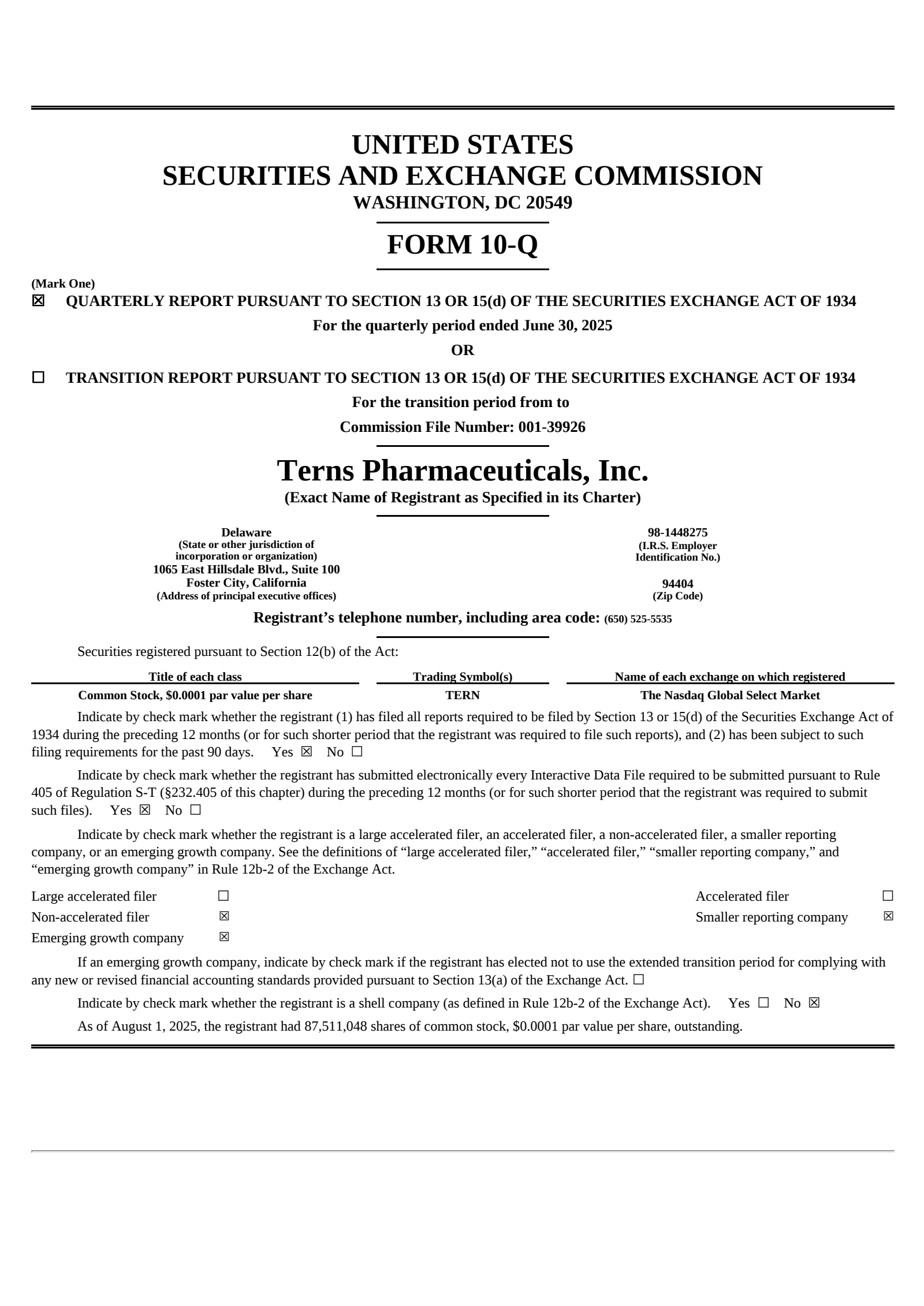Terns Pharmaceuticals' Q2 2025 Quarterly report