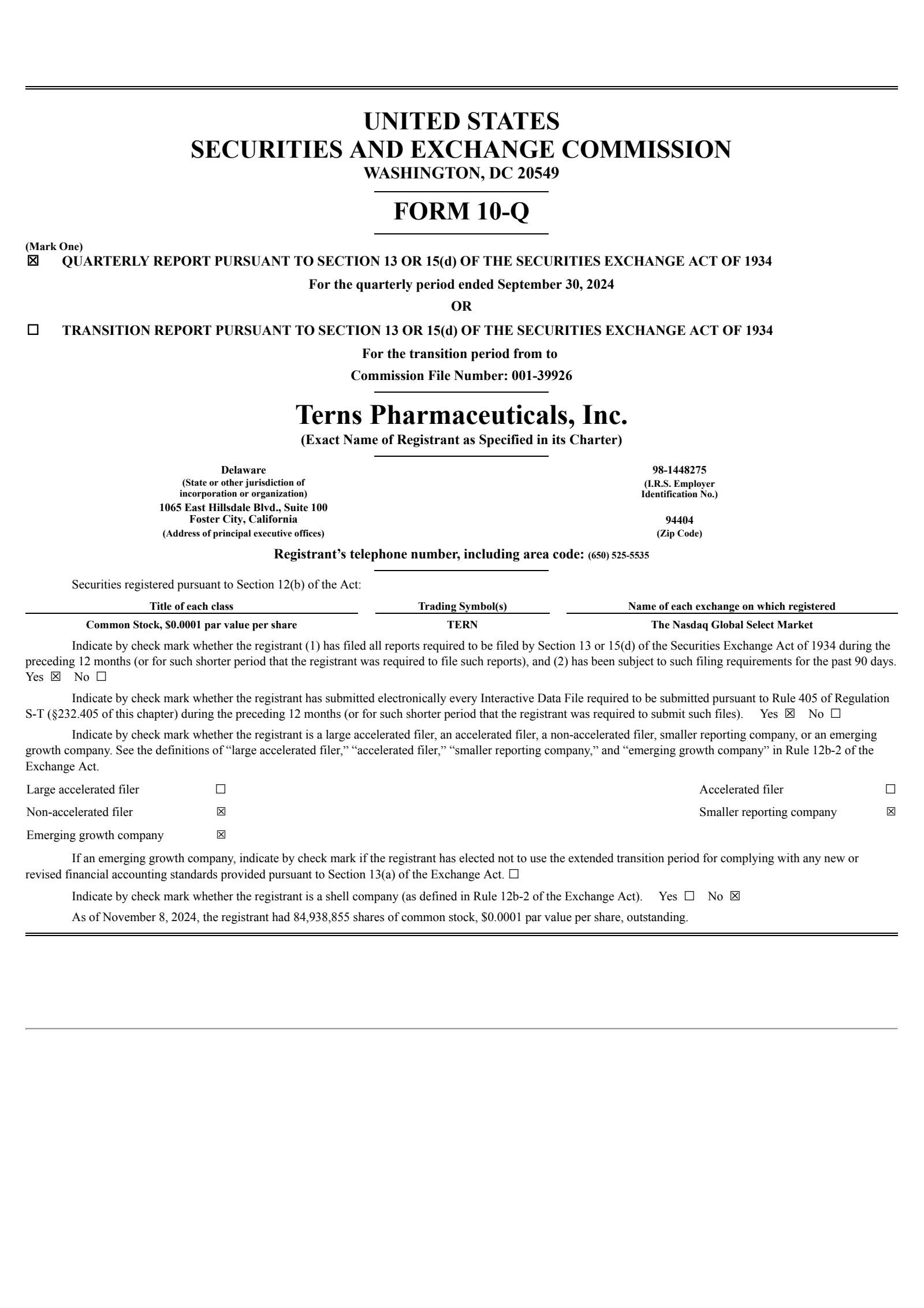 Terns Pharmaceuticals' Q3 2024 Quarterly Report