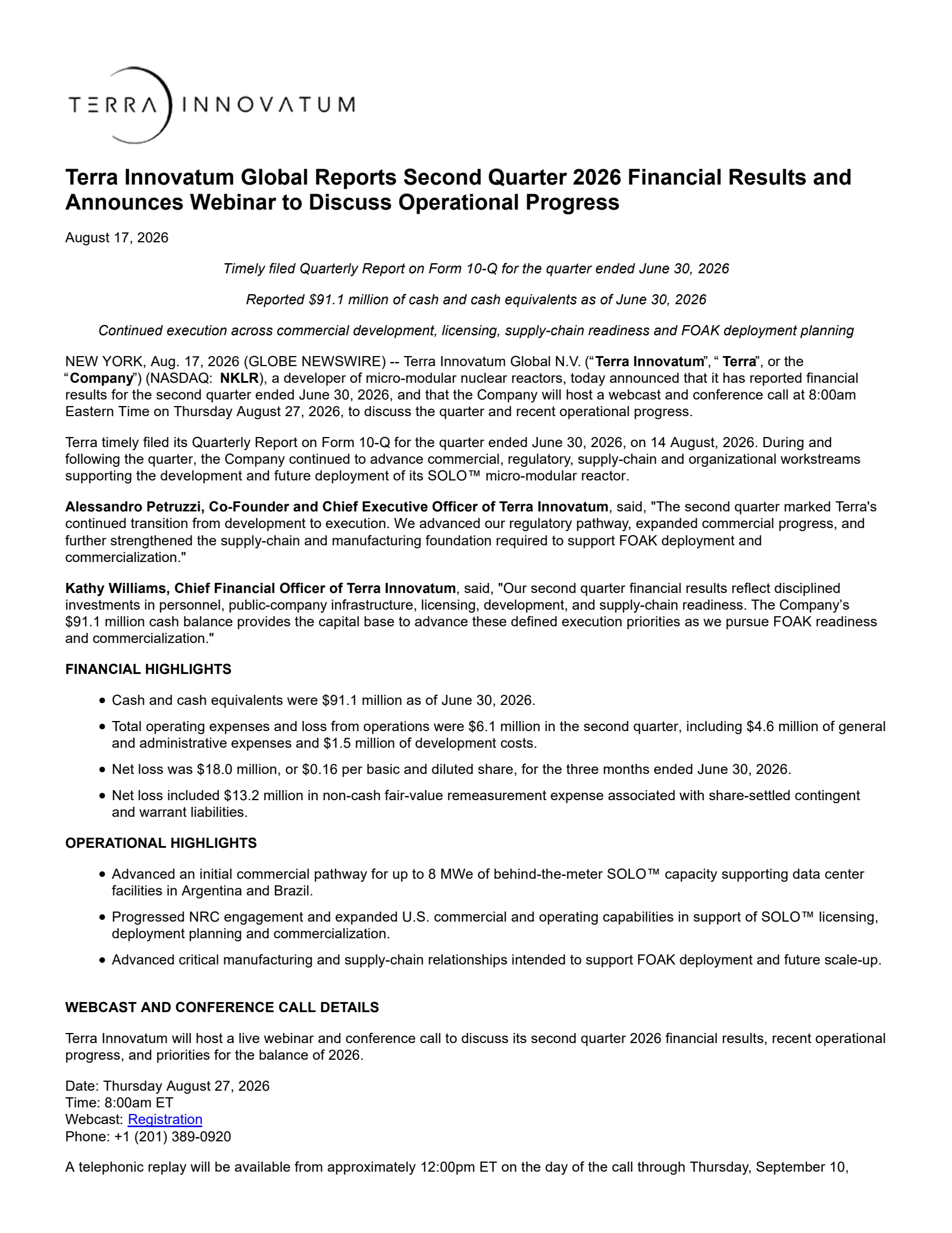 Terra Innovatum Global S.R.L.'s Q2 2026 Press Release