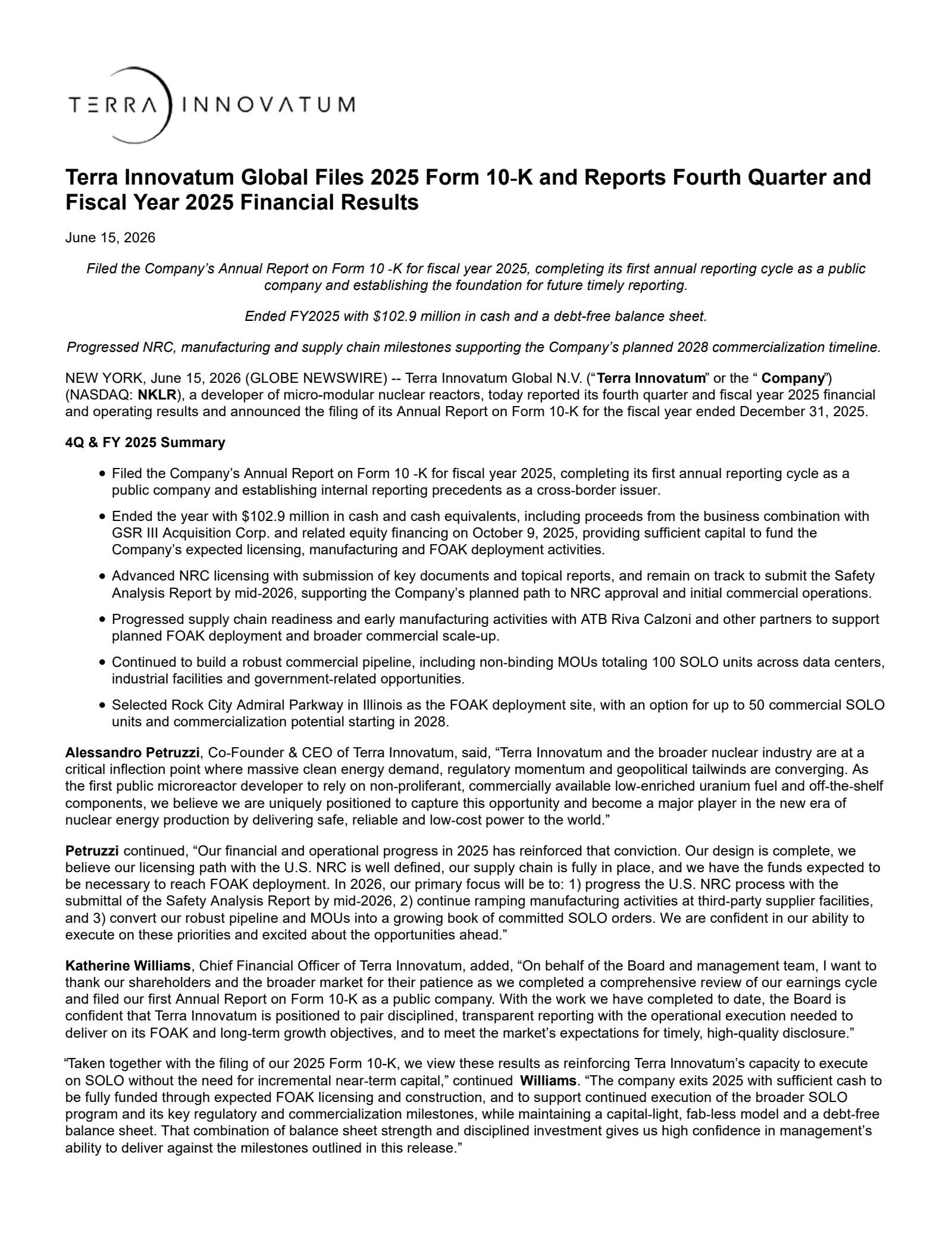 Terra Innovatum Global S.R.L.'s Q4 2025 Press Release