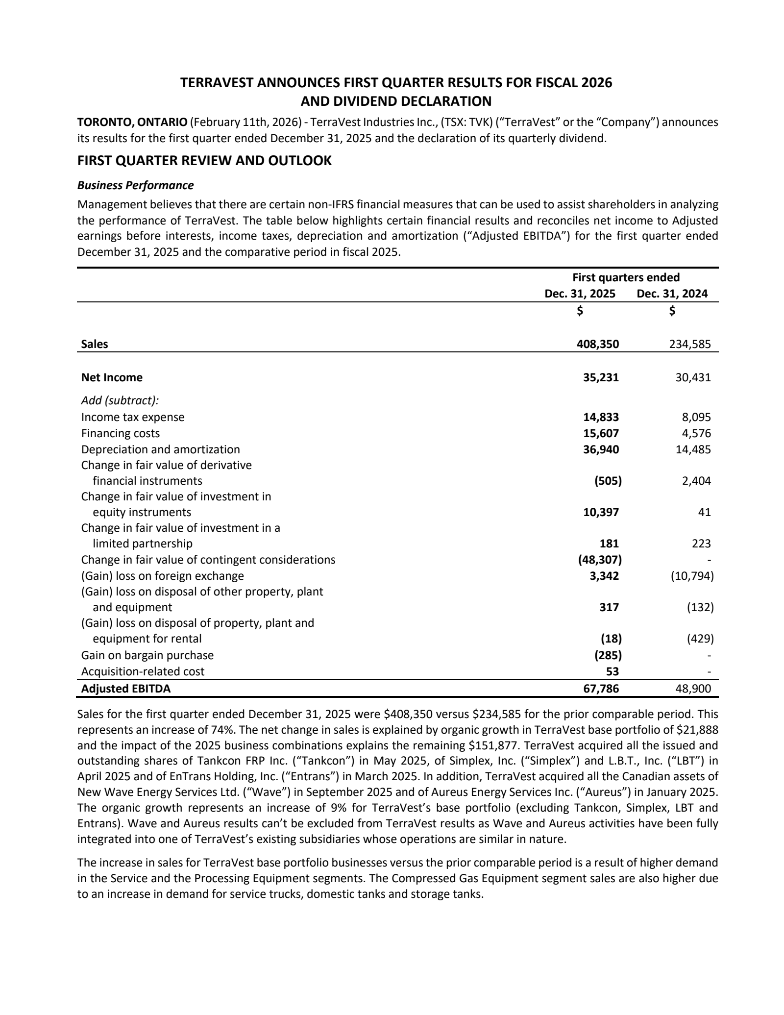 TerraVest Industries' Q1 2026 Press Release