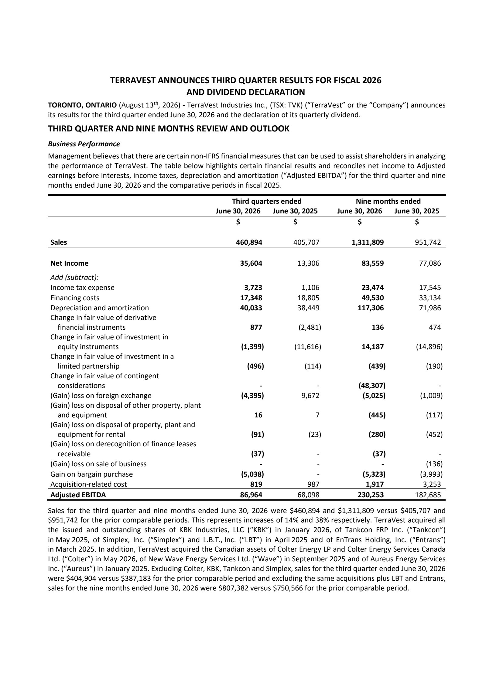 TerraVest Industries' Q3 2026 Press Release