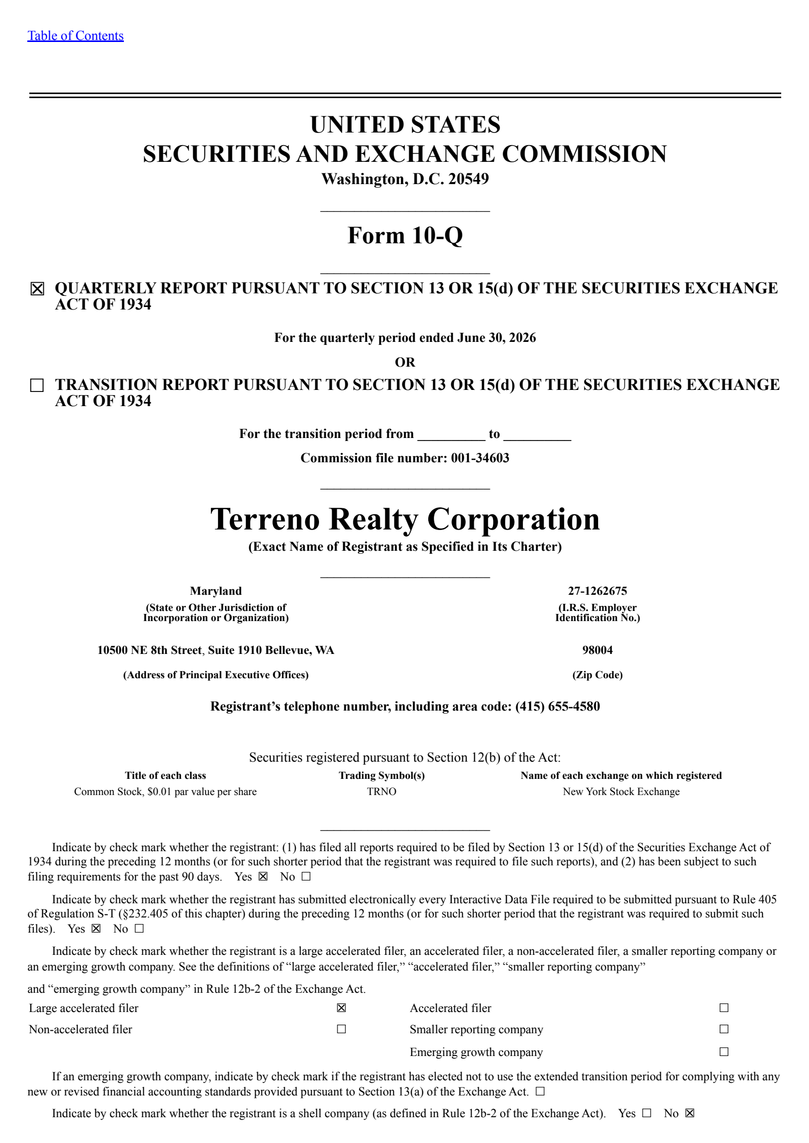 Terreno Realty's Q2 2026 Quarterly report