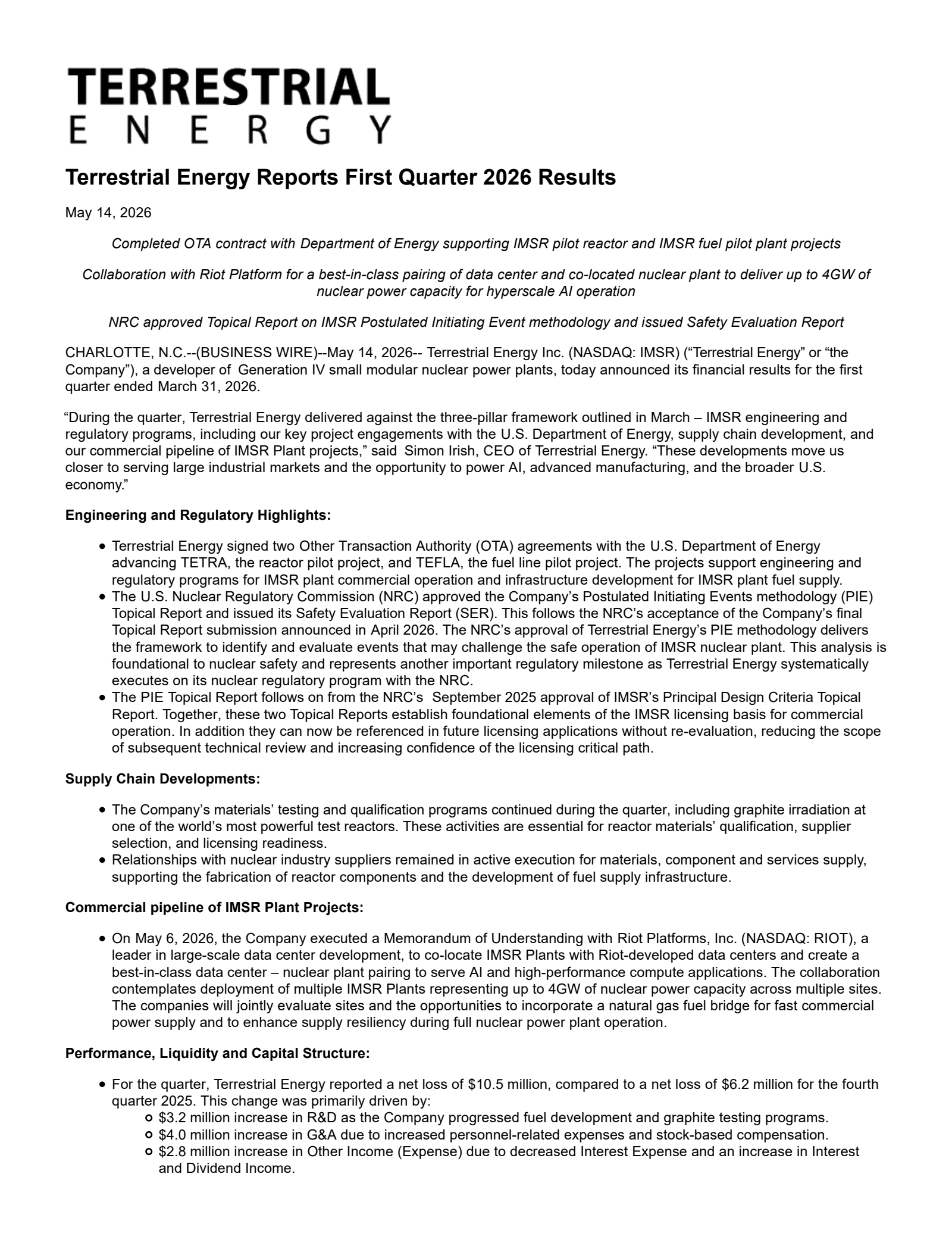 Terrestrial Energy's Q1 2026 Press Release