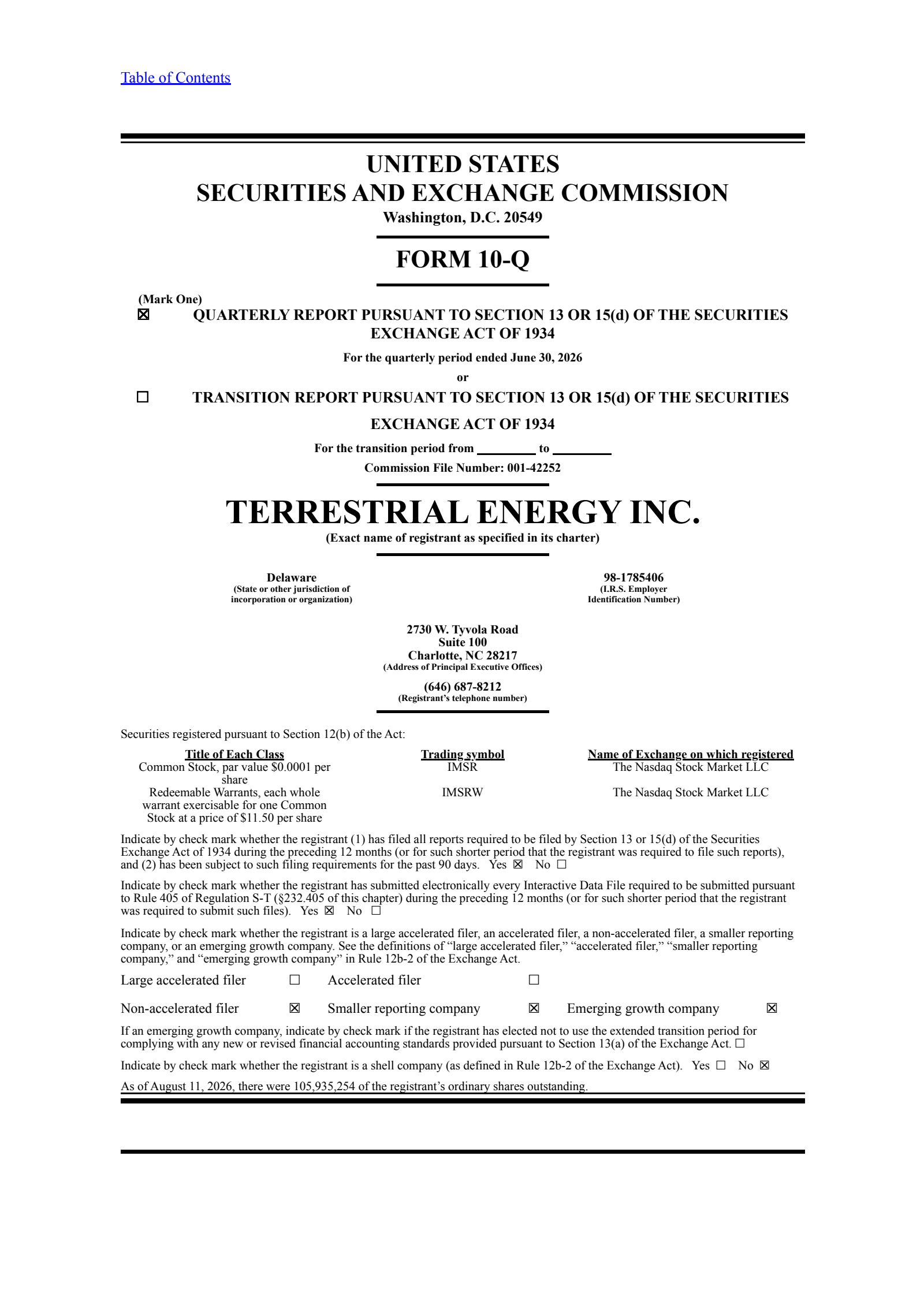 Terrestrial Energy's Q2 2026 Quarterly report
