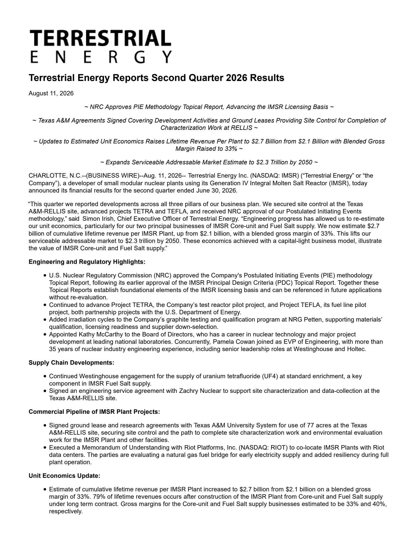 Terrestrial Energy's Q2 2026 Press Release