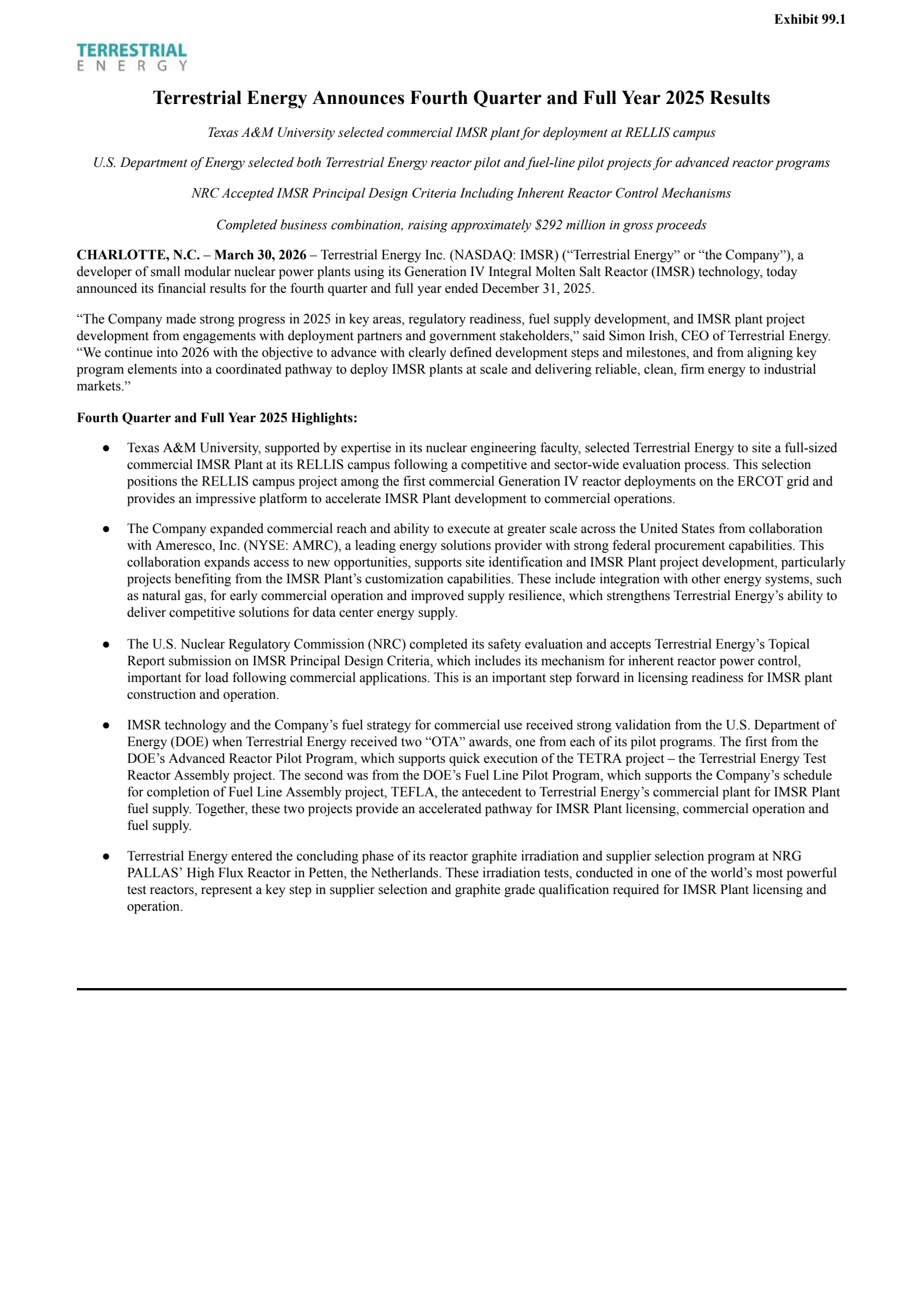 Terrestrial Energy's Q4 2025 Press Release