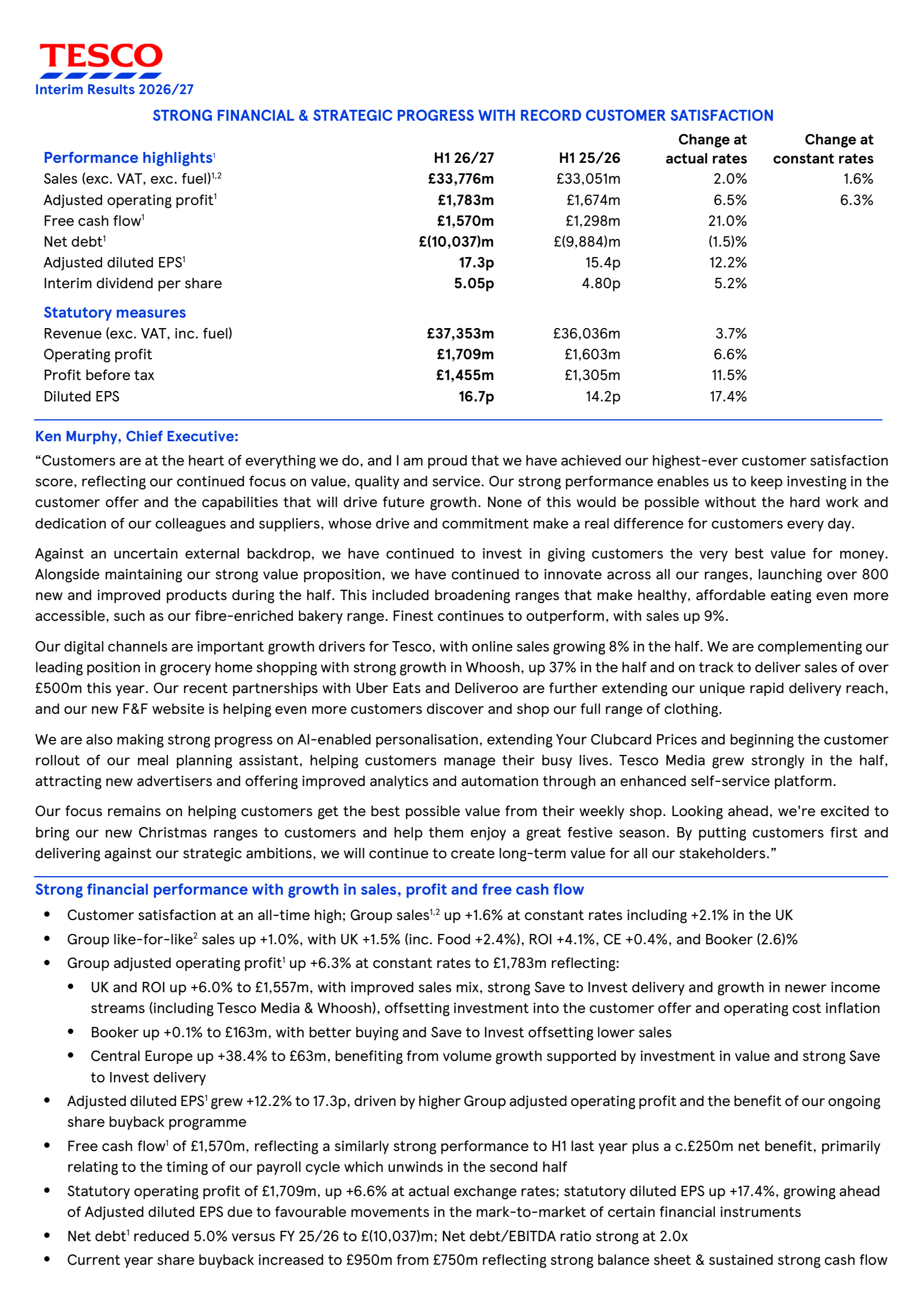 Tesco's H1 26/27 Interim report