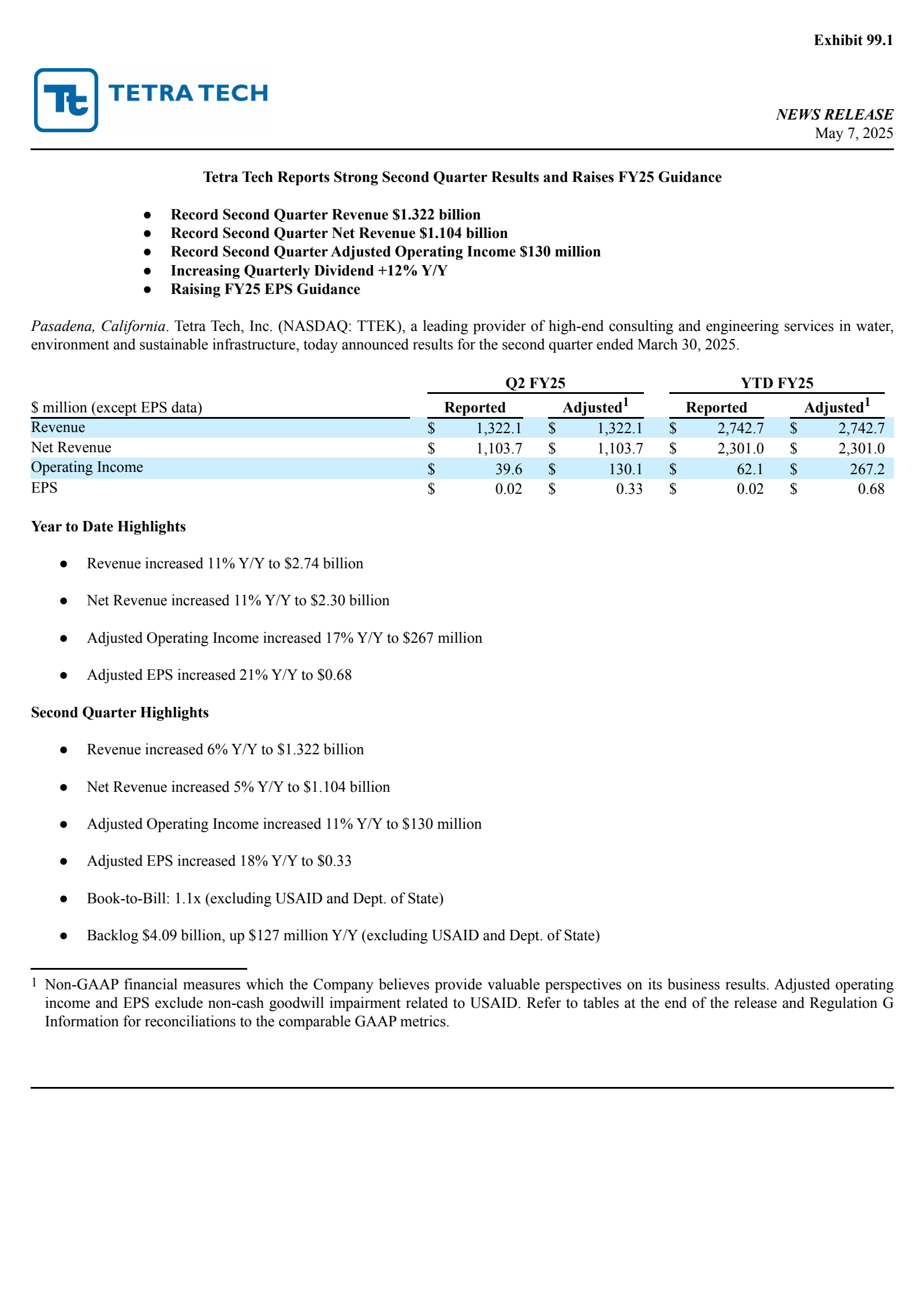 Tetra Tech's Q2 2025 Press Release