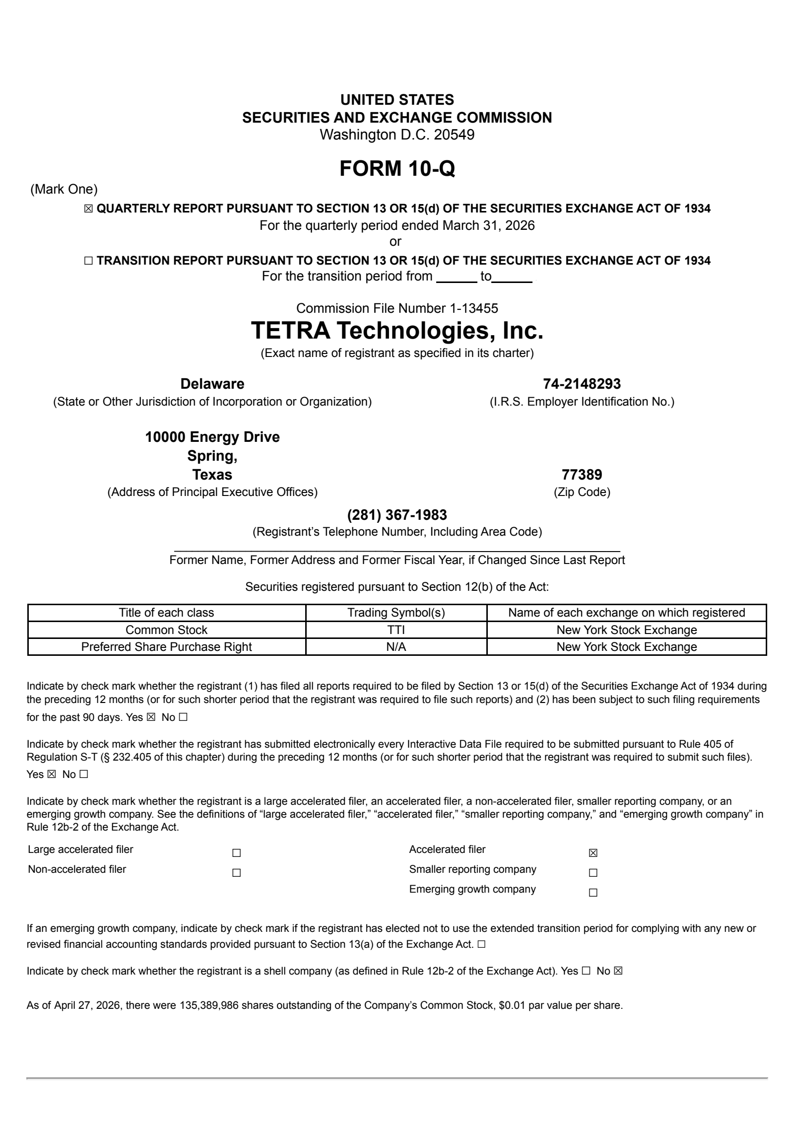 Tetra Technologies' Q1 2026 Quarterly report