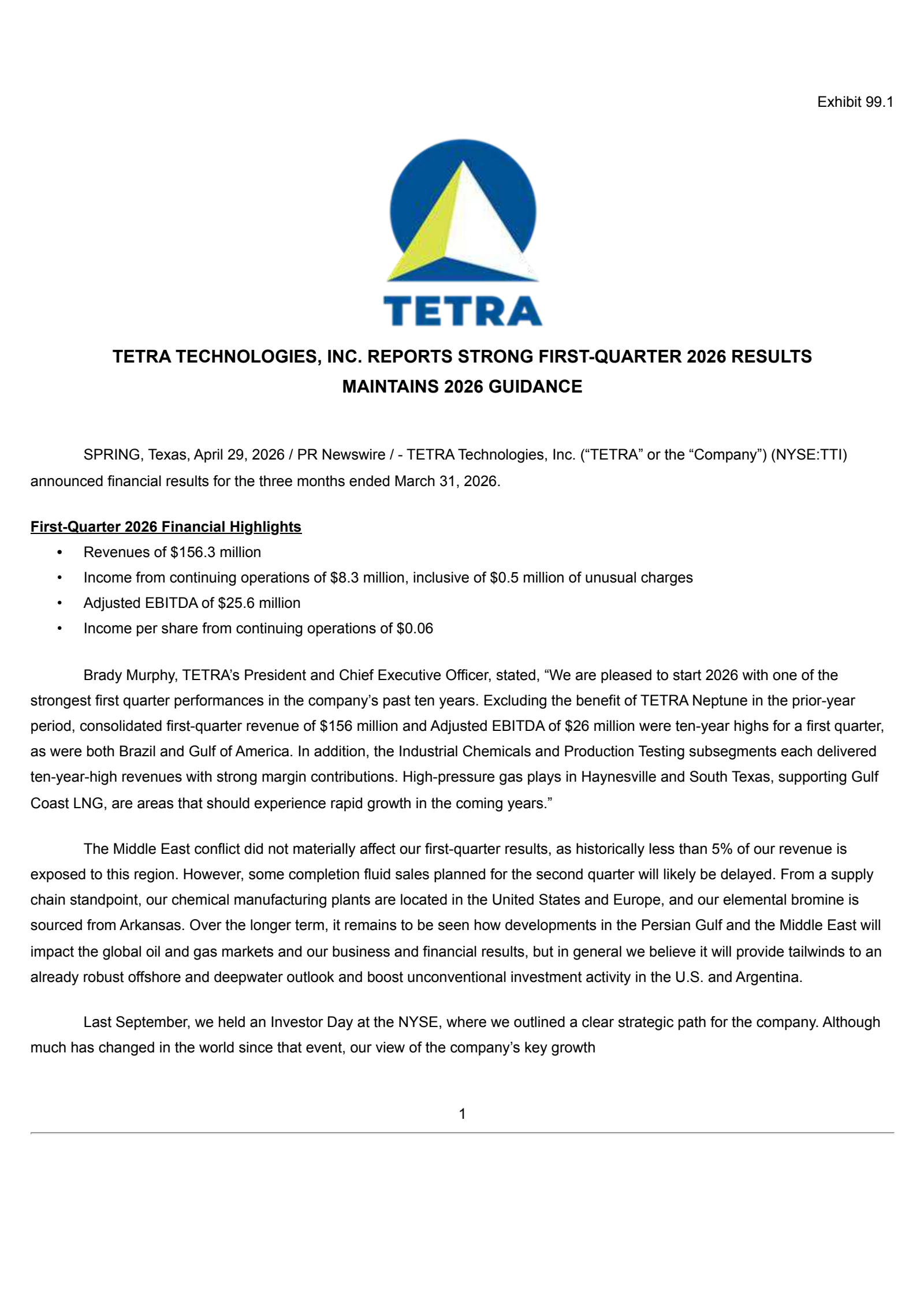 Tetra Technologies' Q1 2026 Press Release