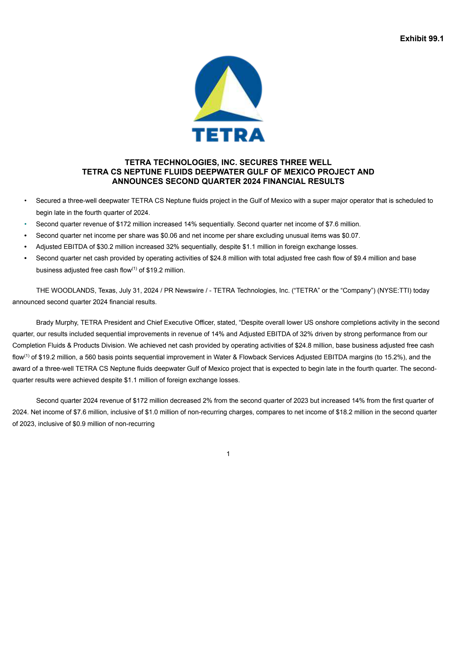 Tetra Technologies' Q2 2024 Press Release
