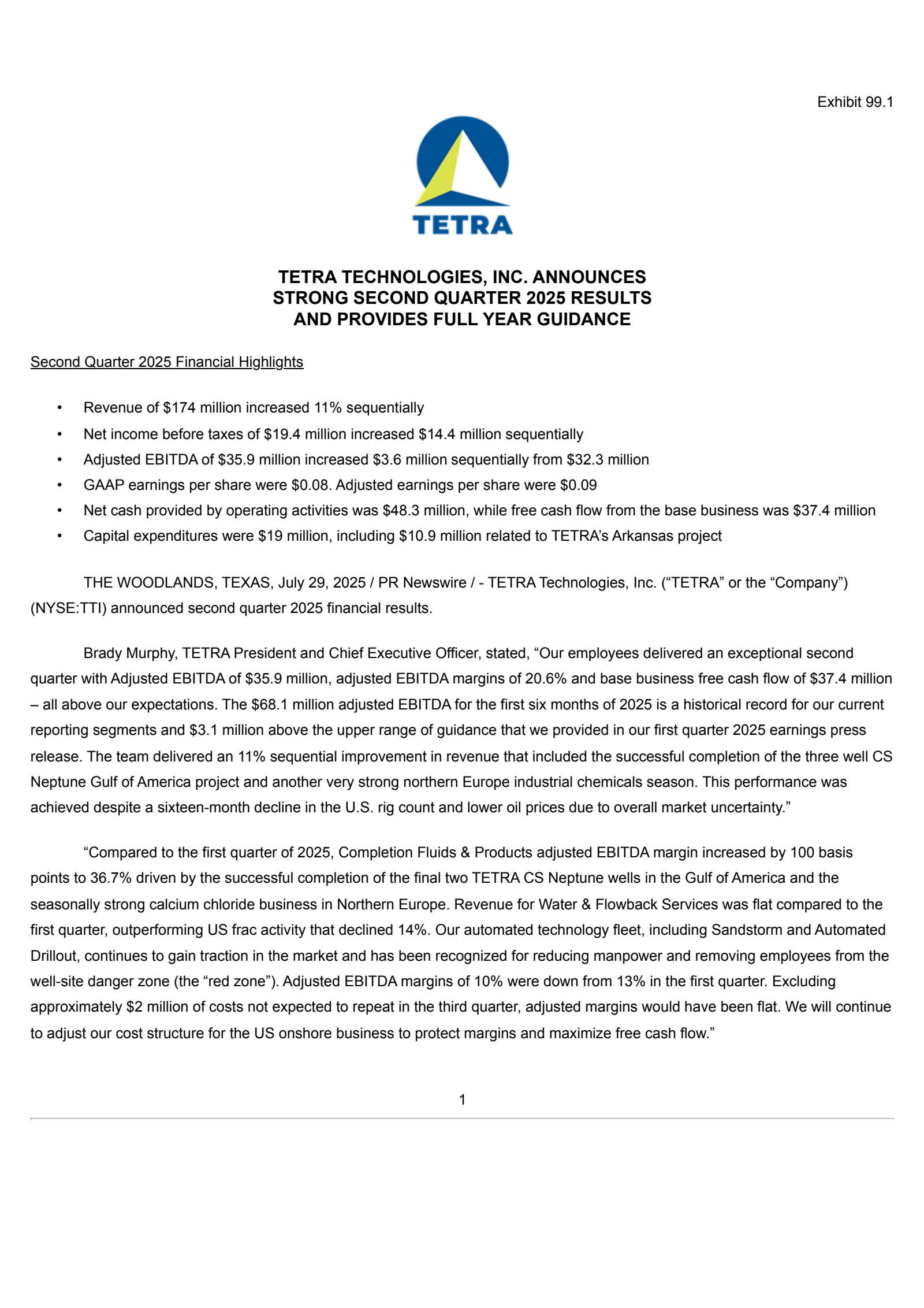 Tetra Technologies' Q2 2025 Press Release