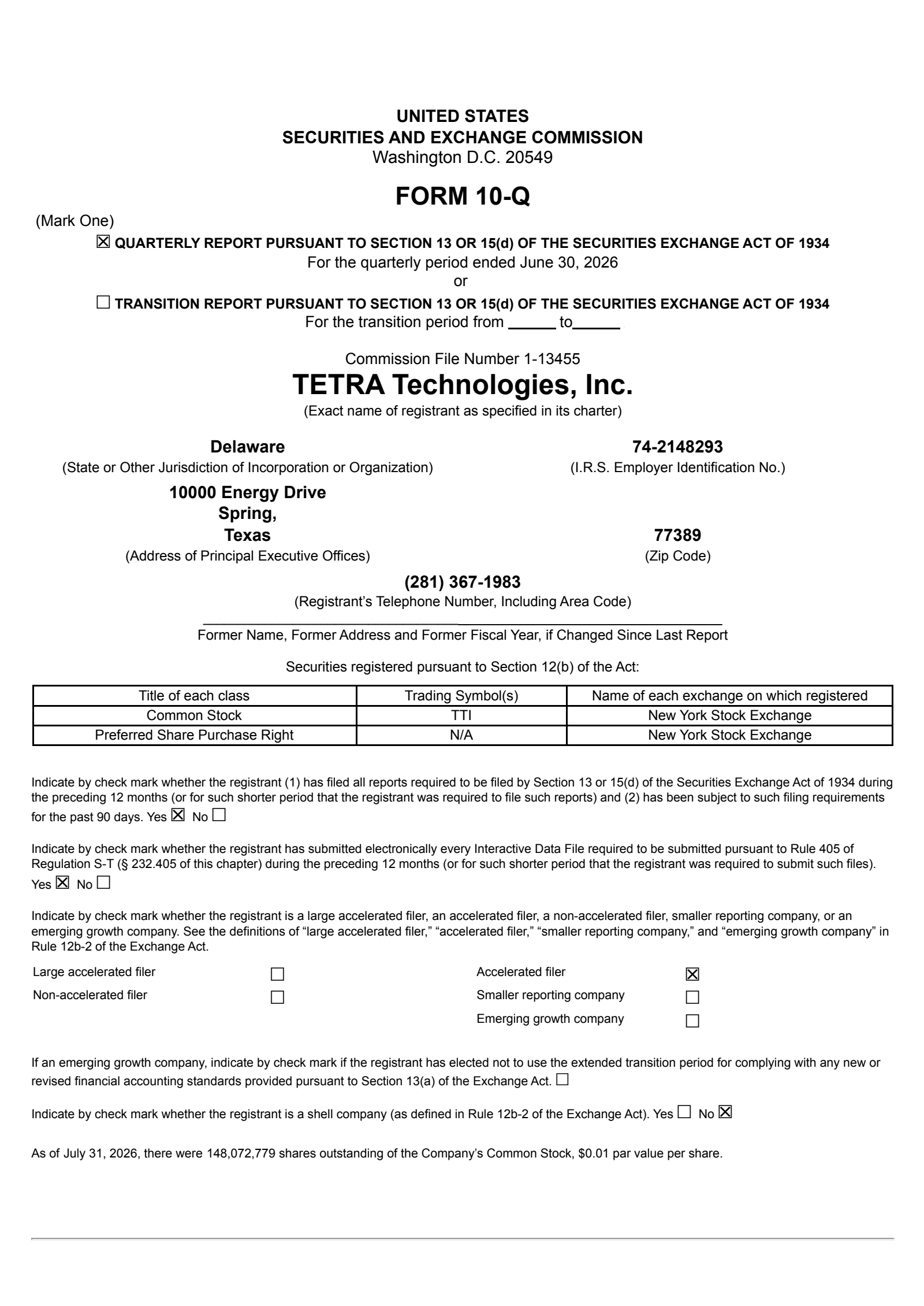 Tetra Technologies' Q2 2026 Quarterly report
