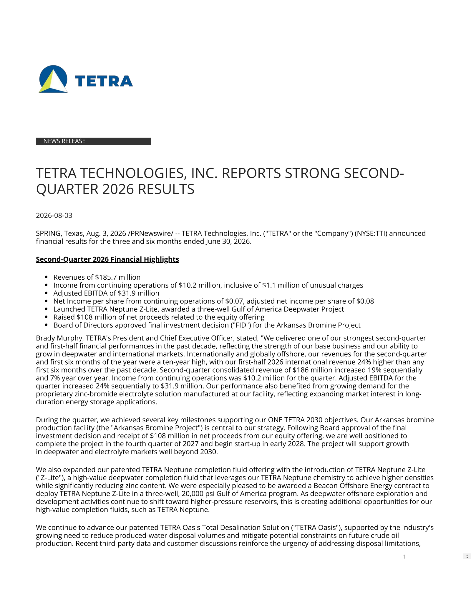 Tetra Technologies' Q2 2026 Press Release