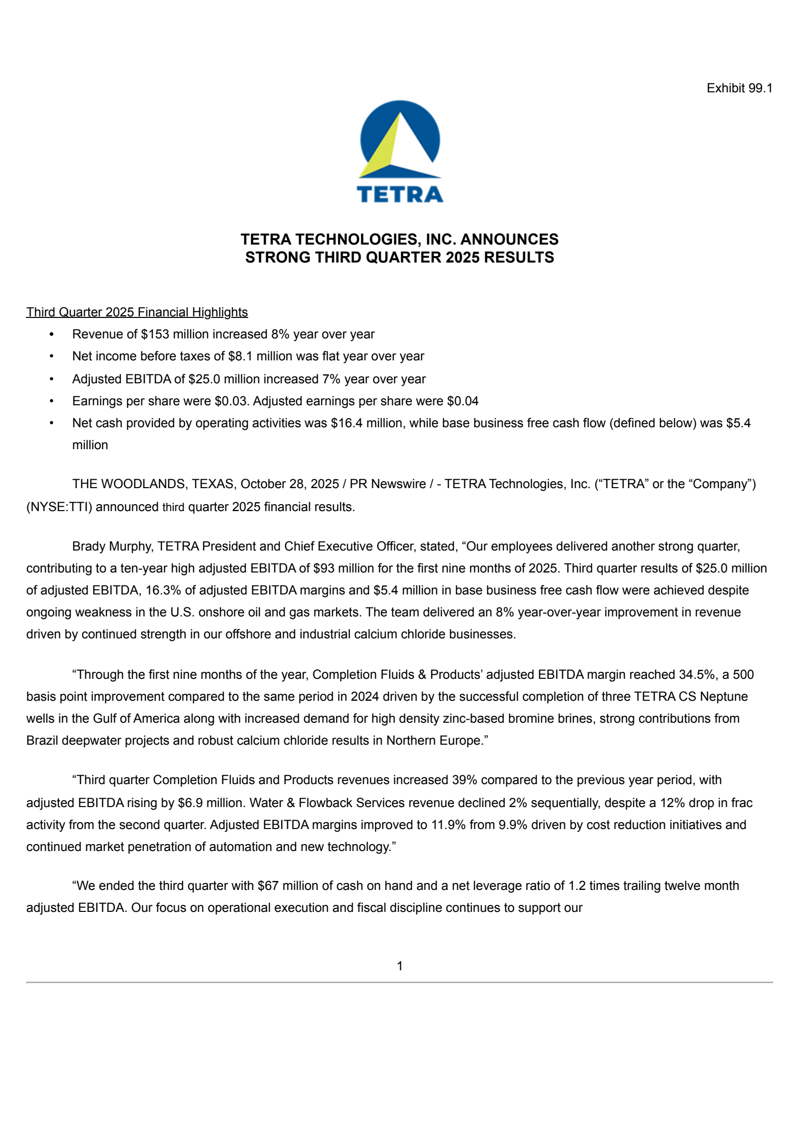 Tetra Technologies' Q3 2025 Earnings Release