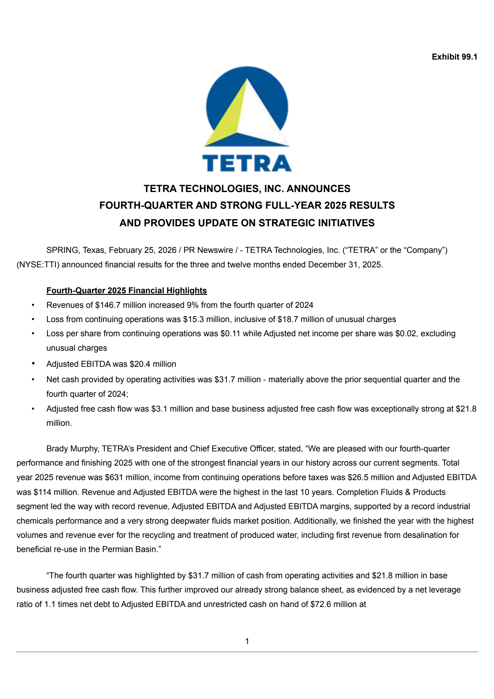 Tetra Technologies' Q4 2025 Press Release