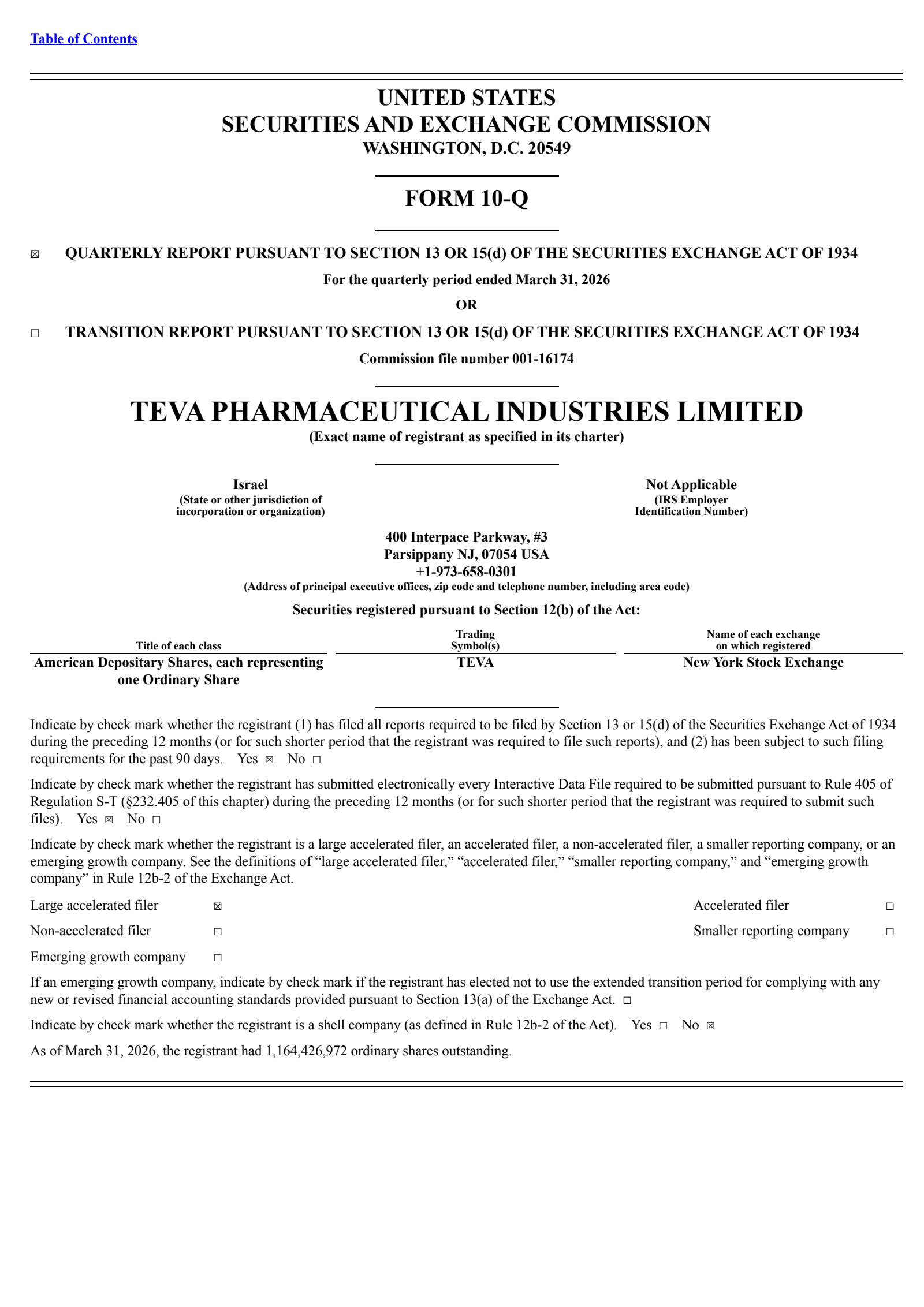 Teva Pharmaceutical Industries' Q1 2026 Quarterly report
