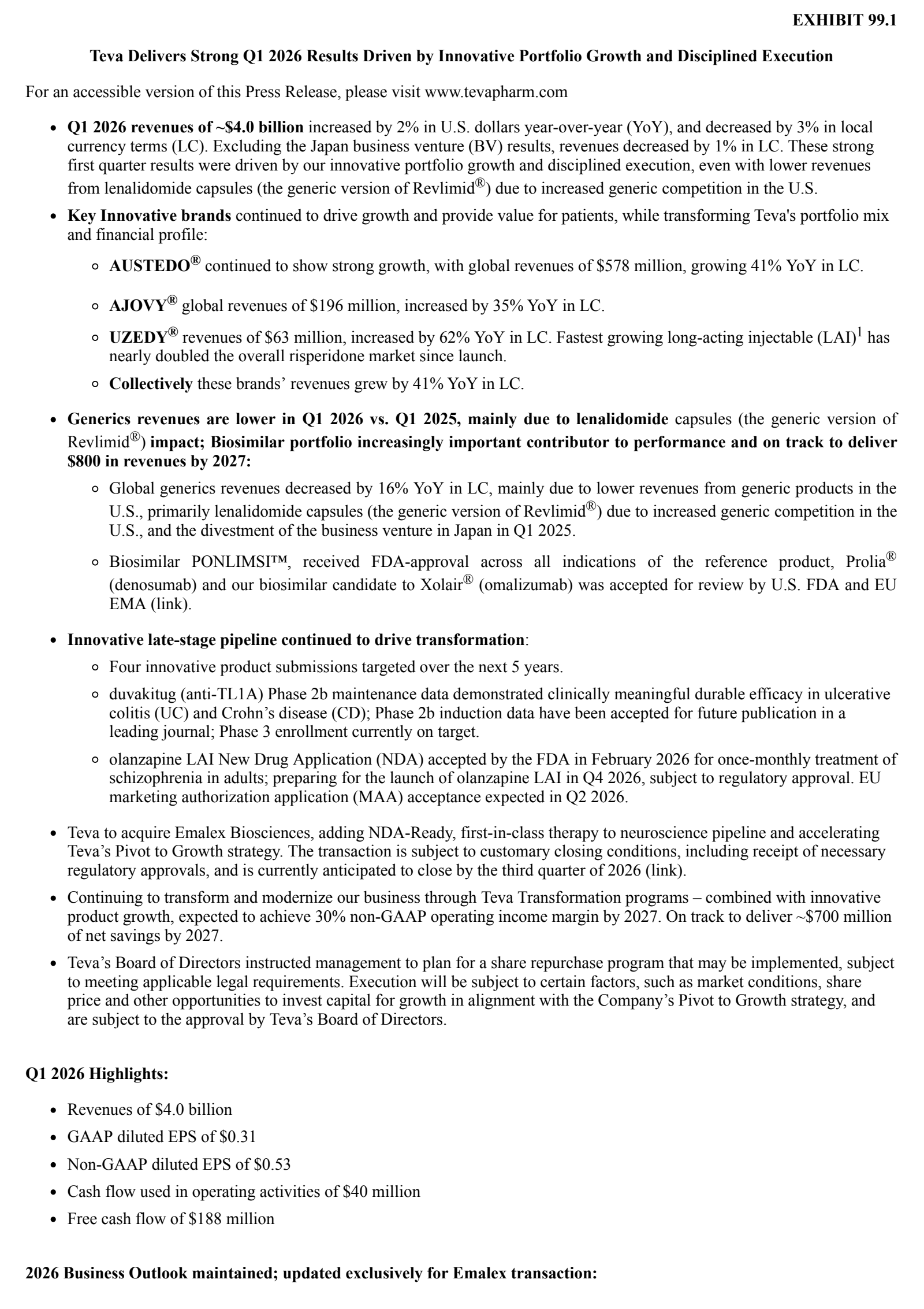 Teva Pharmaceutical Industries' Q1 2026 Press Release
