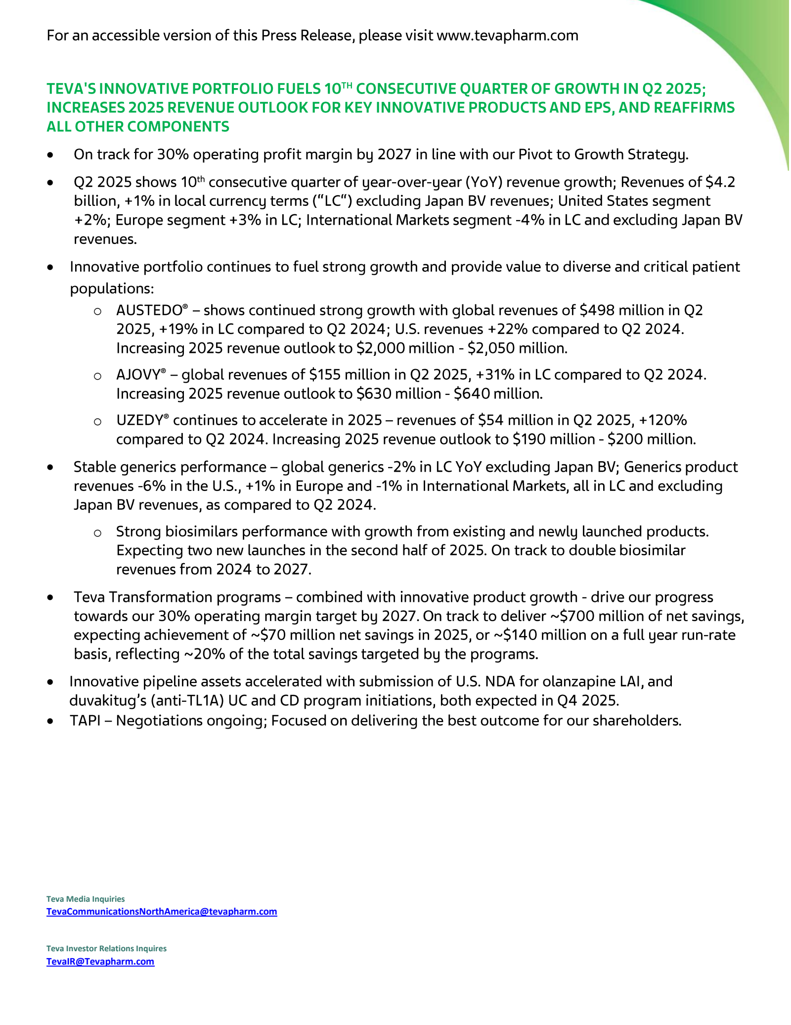 Teva Pharmaceutical Industries' Q2 2025 Press Release