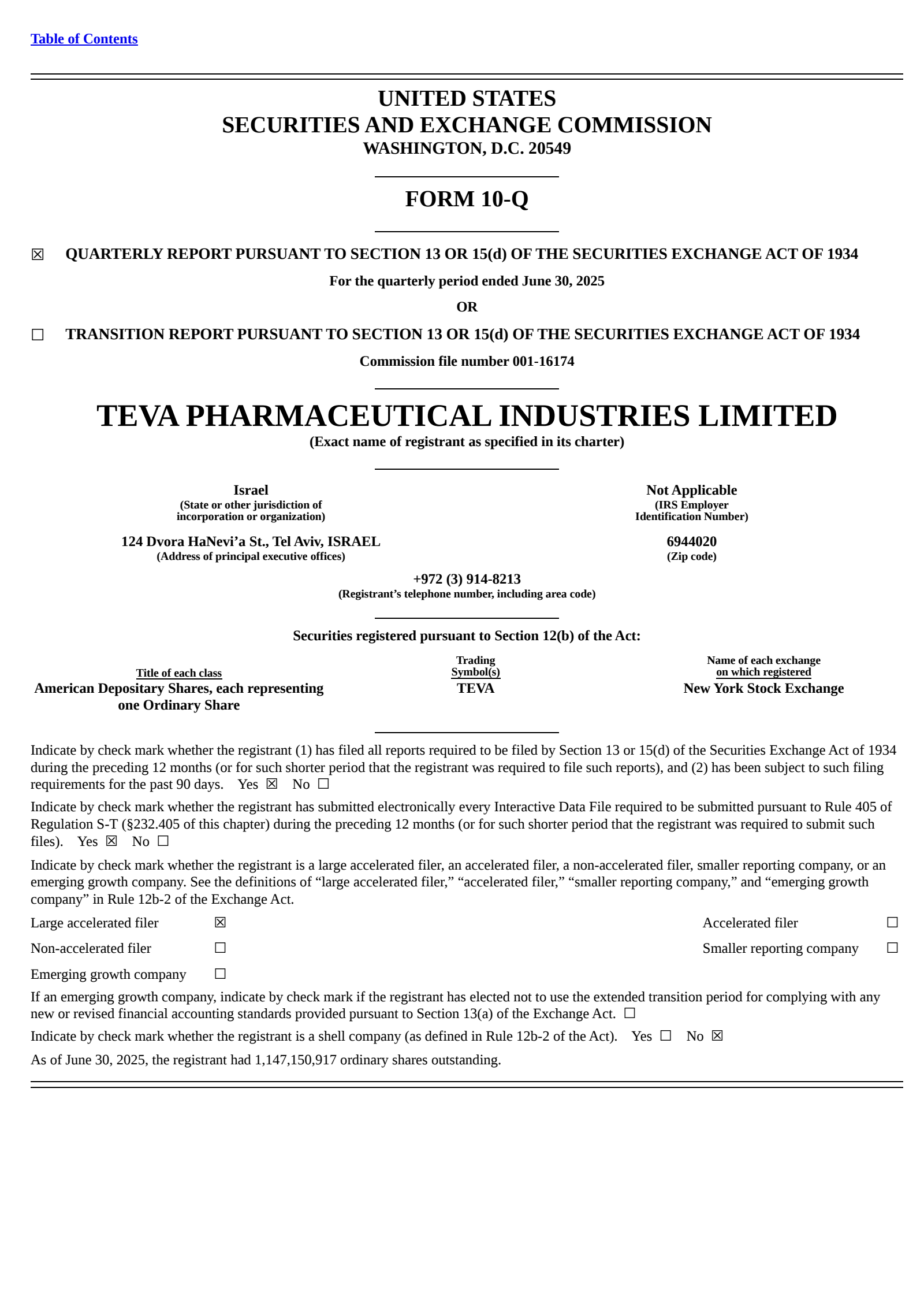Teva Pharmaceutical Industries' Q2 2025 Quarterly report