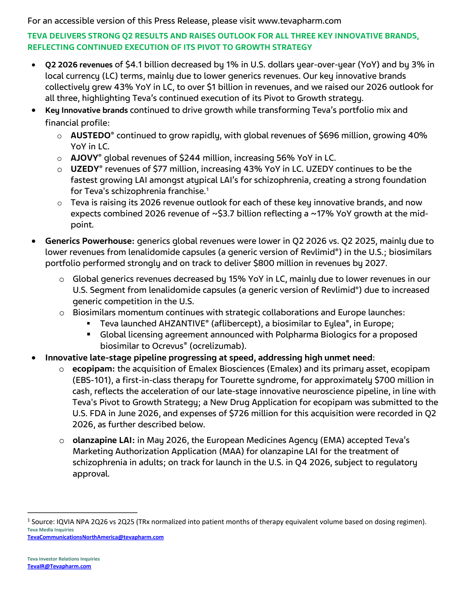 Teva Pharmaceutical Industries' Q2 2026 Press Release